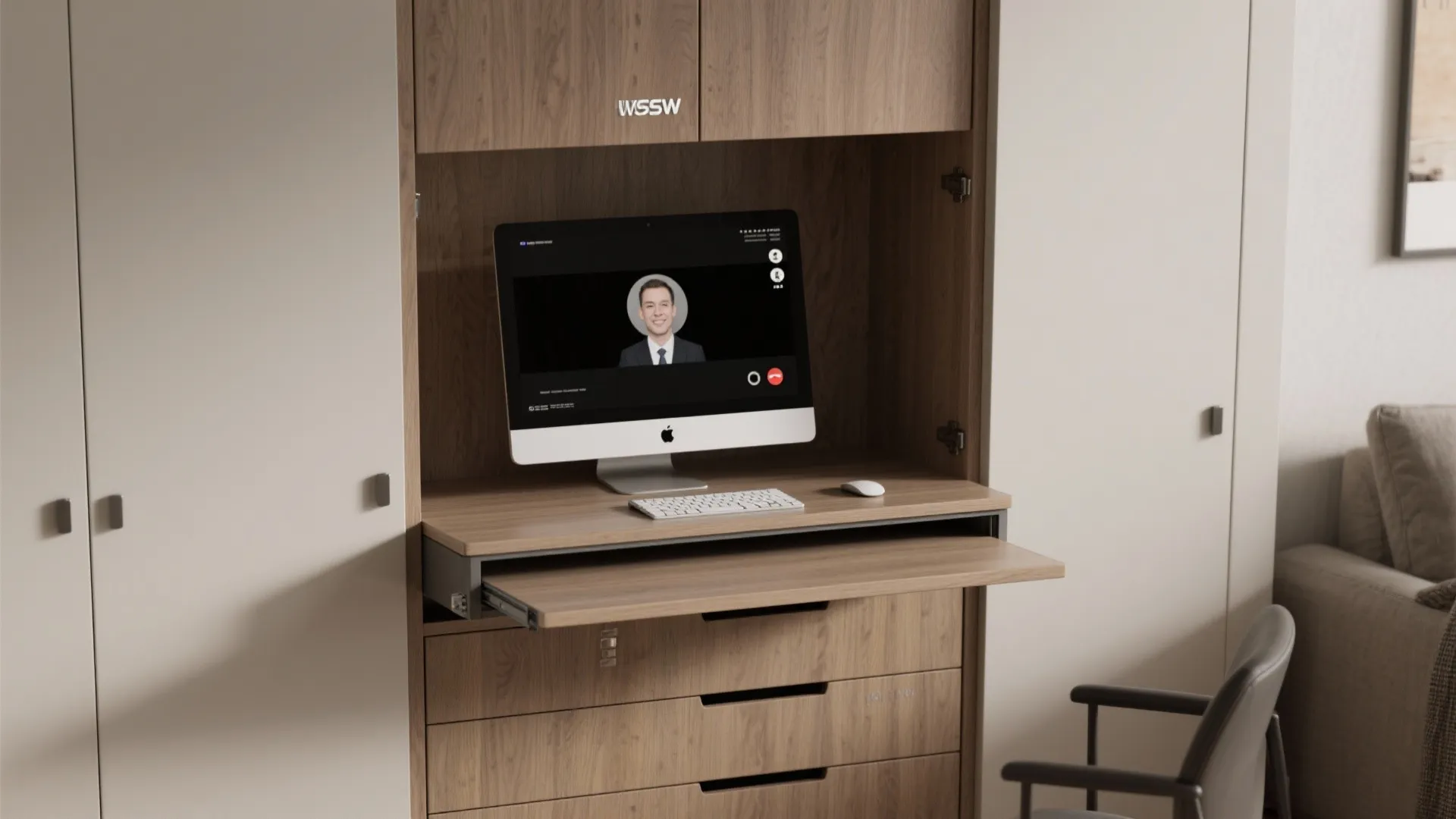 Vertical storage tower with pull-out desk