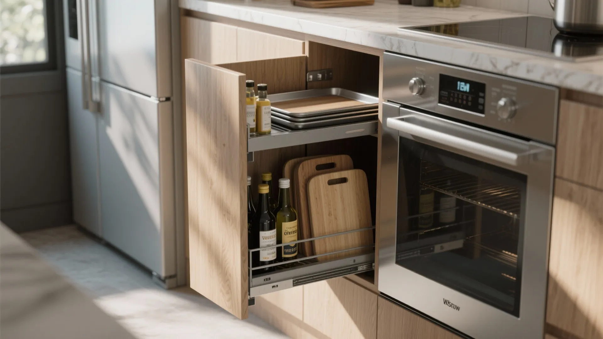Vertical pullout kitchen cabinet next to oven holding baking trays oil bottles and wooden boards
