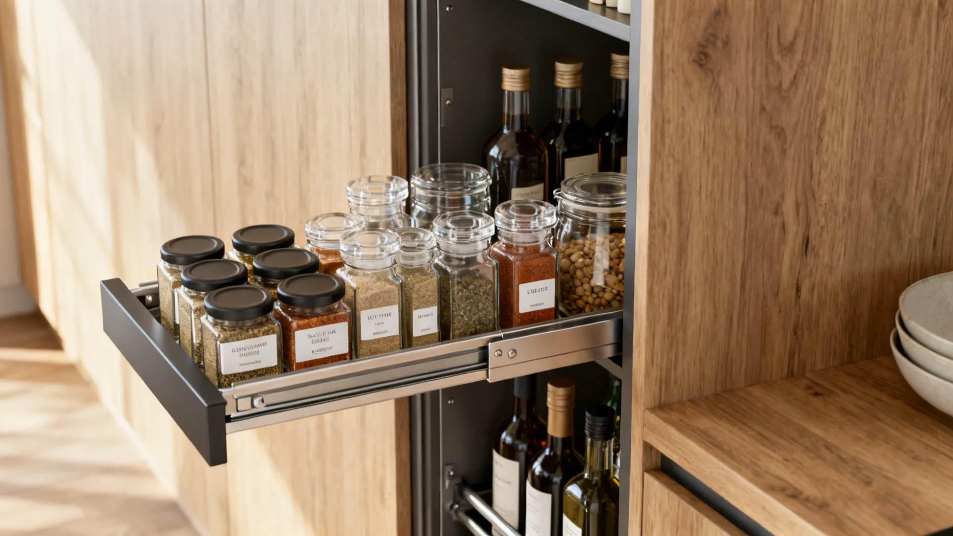Slim vertical pull-out pantry extended showing organized jars and bottles in a narrow cavity.