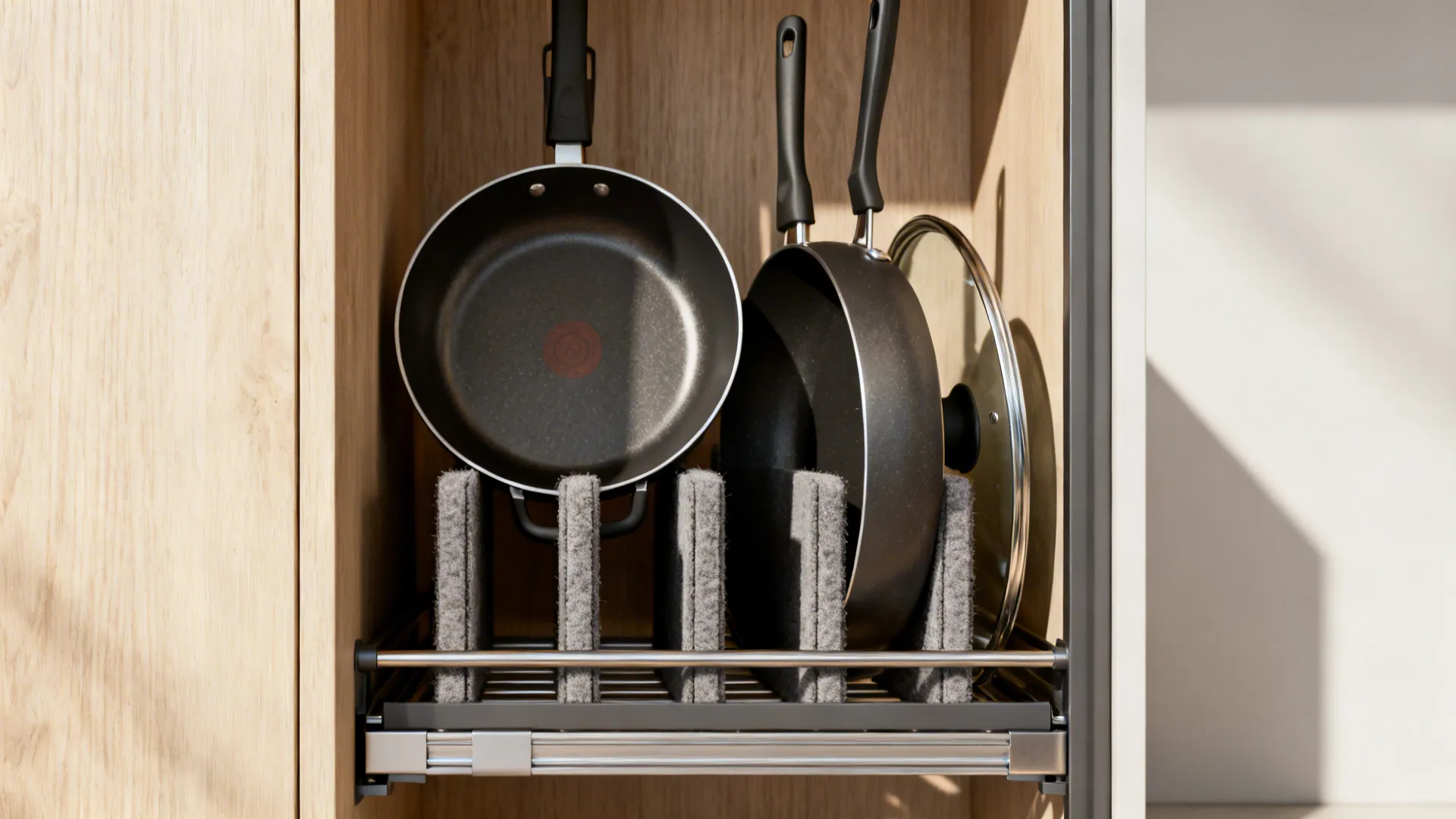 Slim vertical pull-out pan rack with upright pans and lids inside a narrow cabinet.