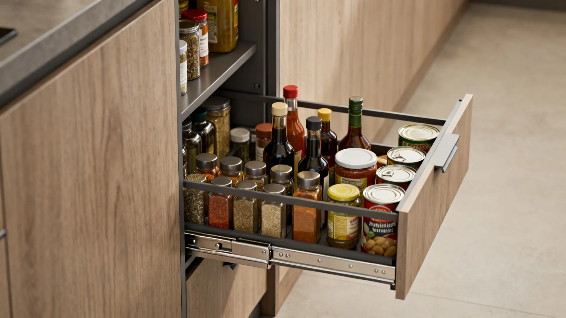 Vertical pull-out pantry extended from a narrow kitchen gap showing organized spices and bottles