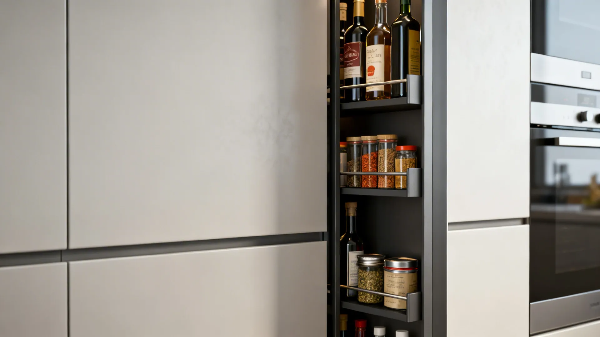 Narrow pull-out pantry open showing organized spices and bottles