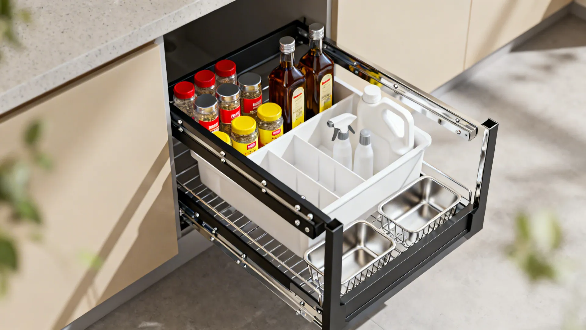 Flatlay of slim pantry pull-out baskets, rails, and an under-sink organizer with jars and supplies.