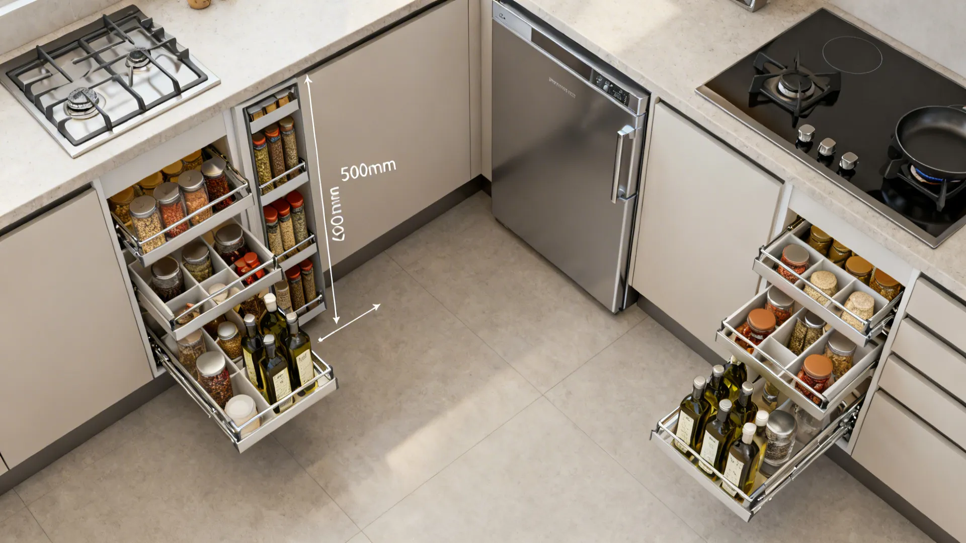Top-down view of an L-shaped modular kitchen highlighting narrow vertical pull-out storage near the hob.