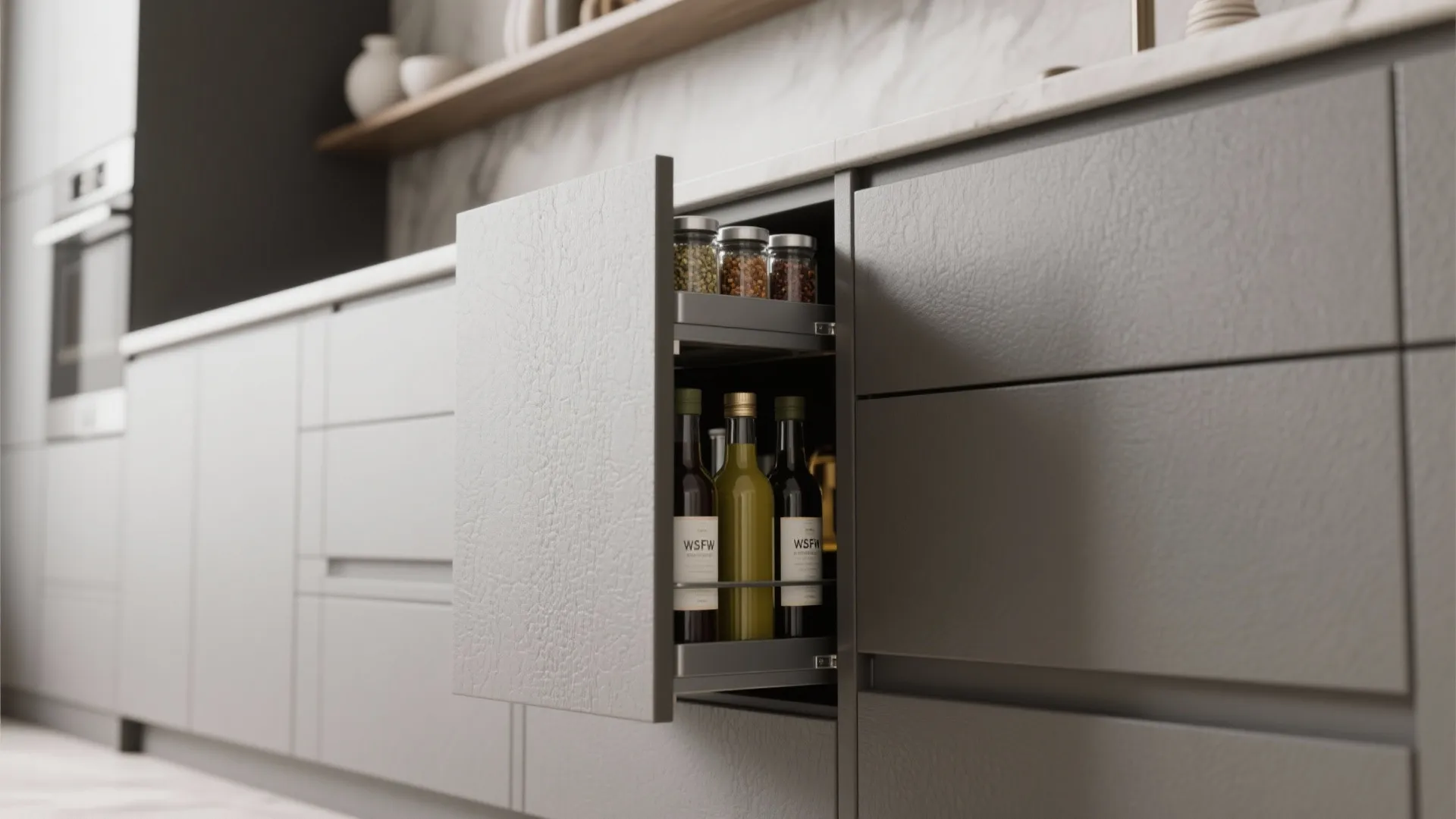 2. Go vertical with pull-outs and open shelving