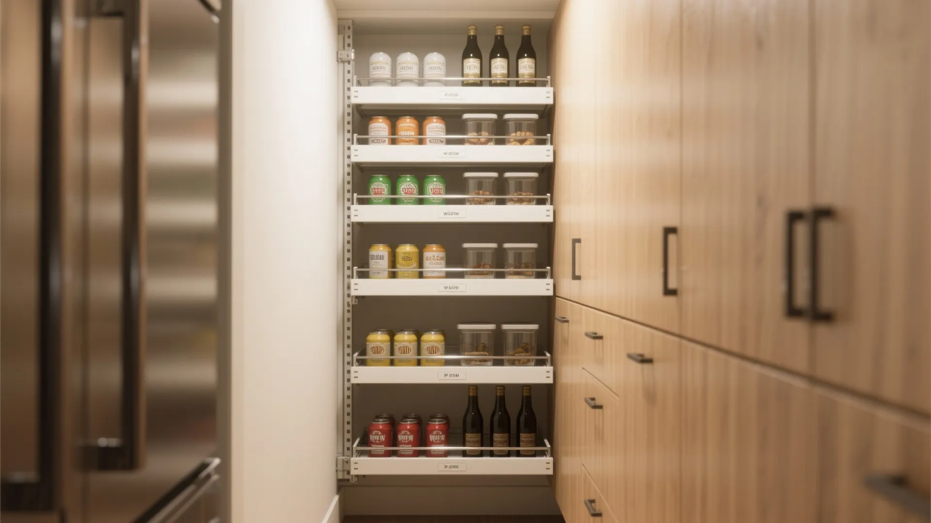 Tall vertical pull out kitchen pantry rack filled with organized cans glass jars and bottles