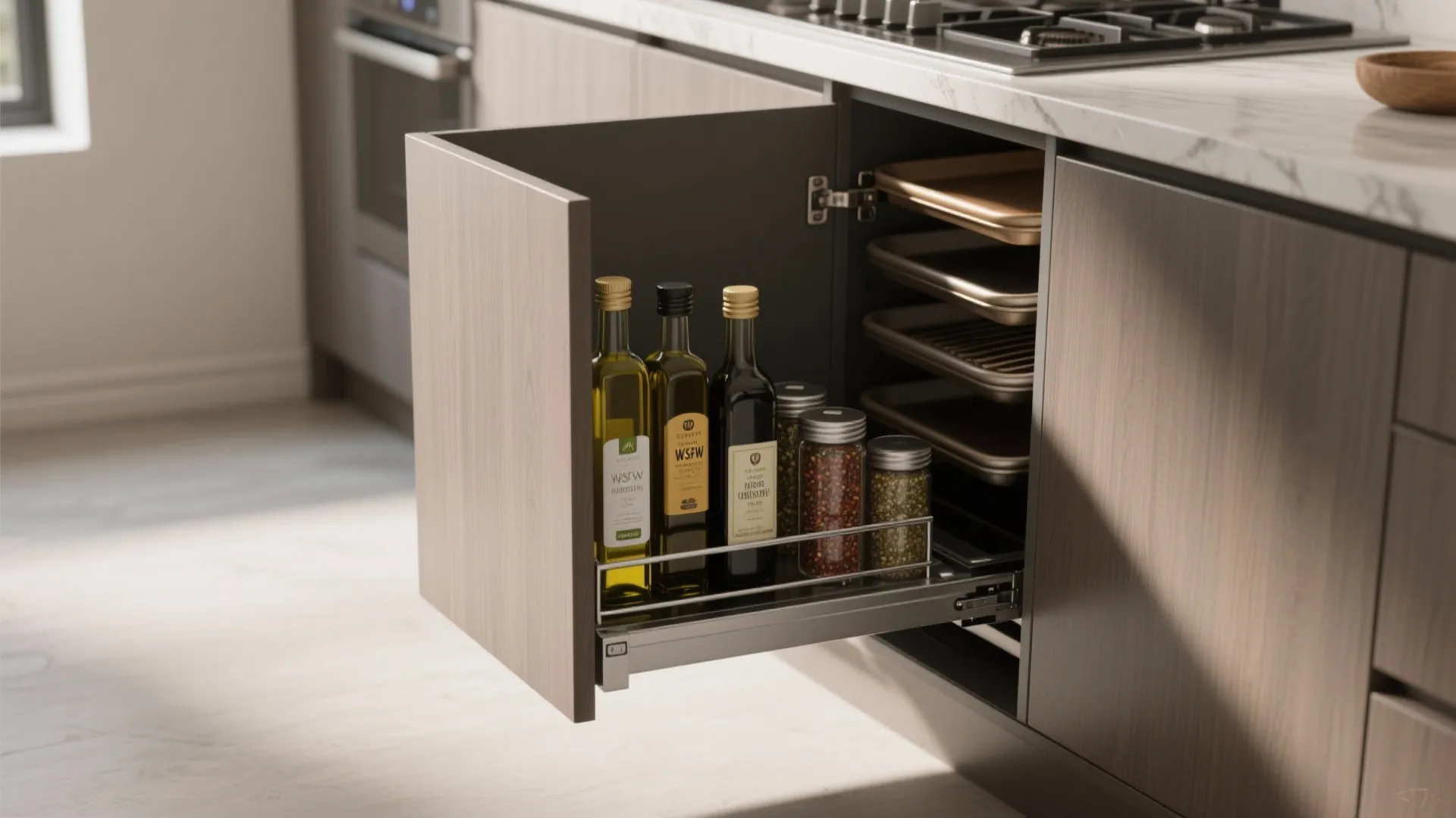 Slim vertical pull-out cabinet from an island with spices, oils, and baking sheet storage on full-extension glides.