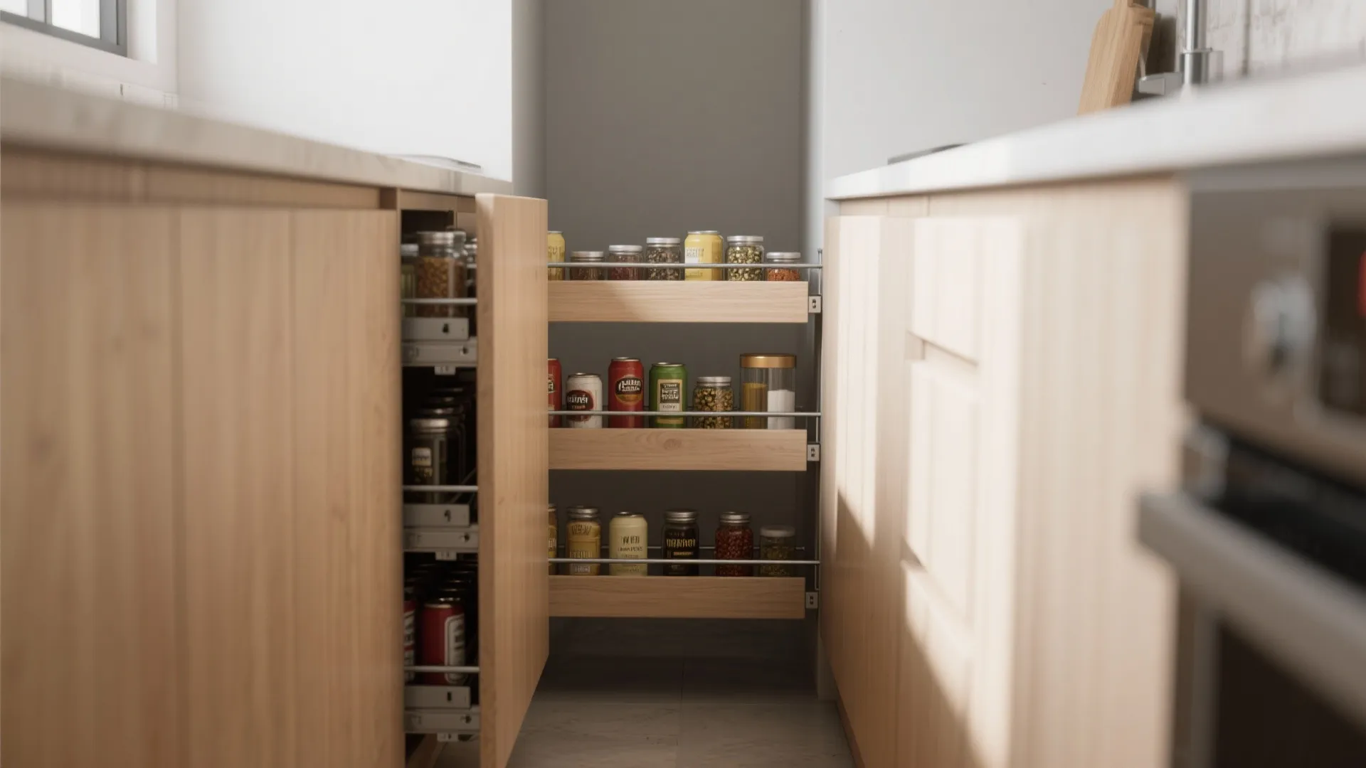 Slim wood pullout cabinet spice rack showing glass jars and food cans in kitchen layout