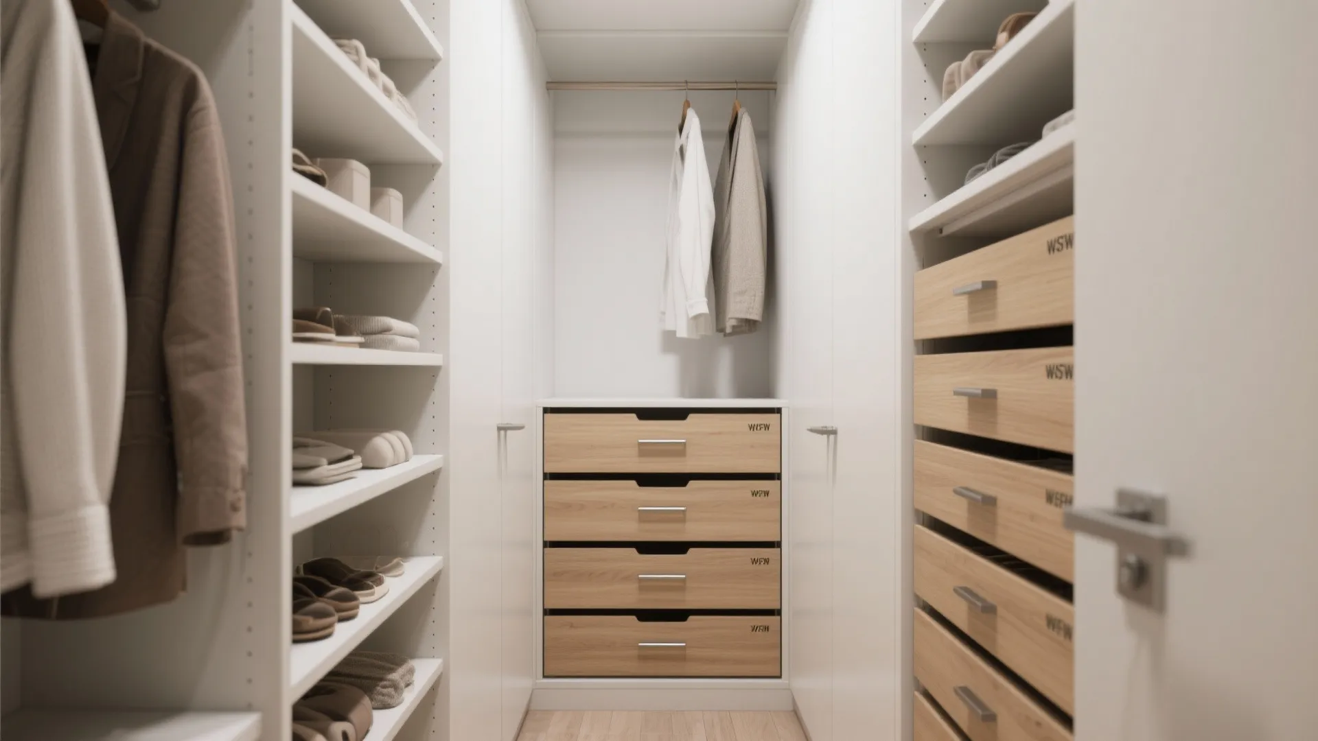Bright walk-in closet featuring white shelves wooden drawers hanging clothes and light wood floor layout
