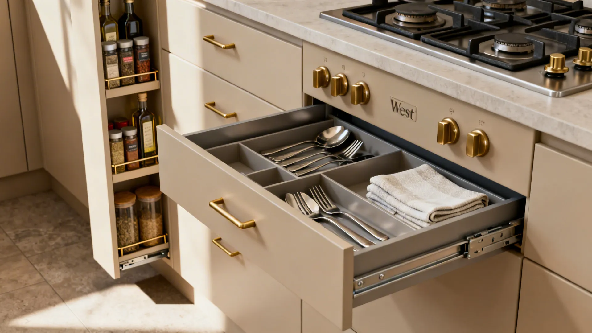 Macro of vertical spice pull-out and shallow drawer storage with soft-close hardware.