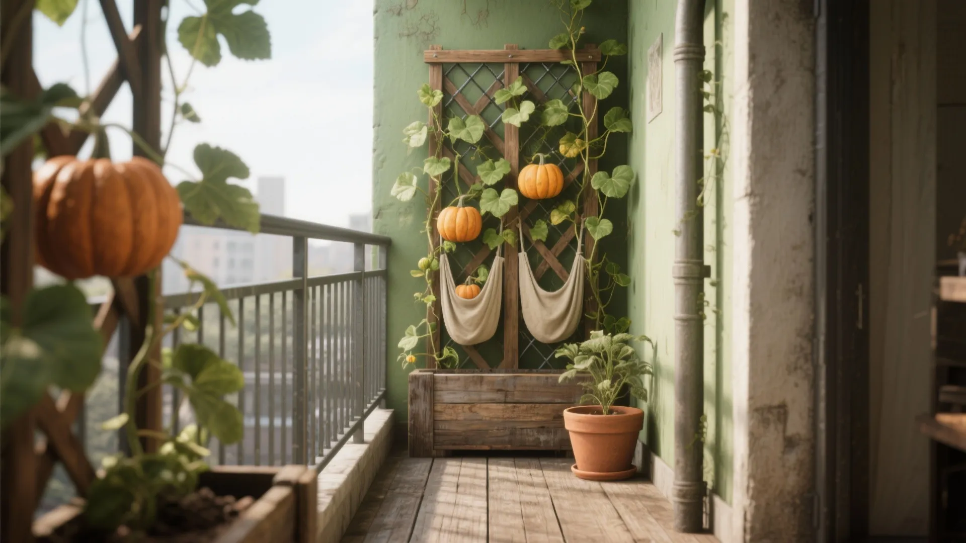 Small pumpkins growing on a vertical wooden trellis in a balcony garden with green potted plants