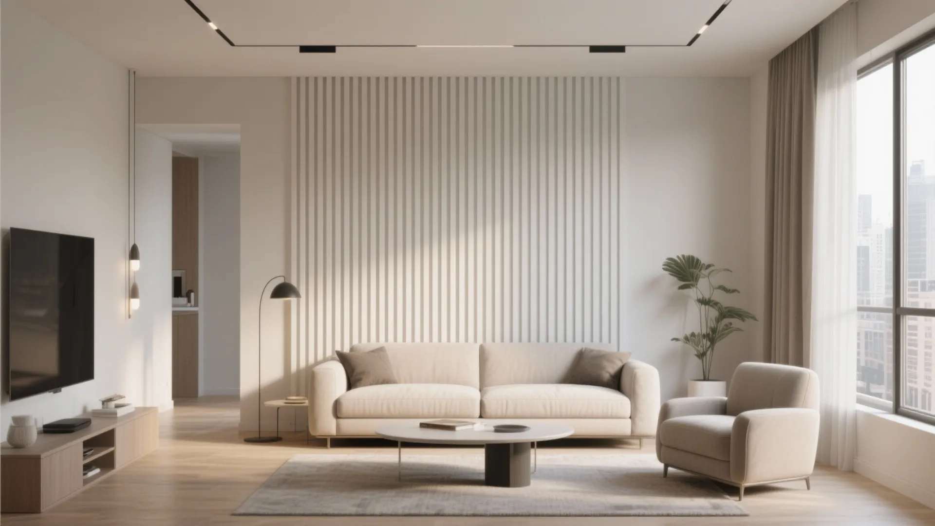 Living room with vertical white wall panel design cream sofa coffee table and large glass windows