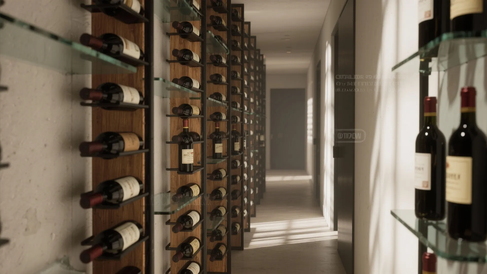 Long bright hallway lined with vertical wooden wine racks holding many bottles under warm sunlight