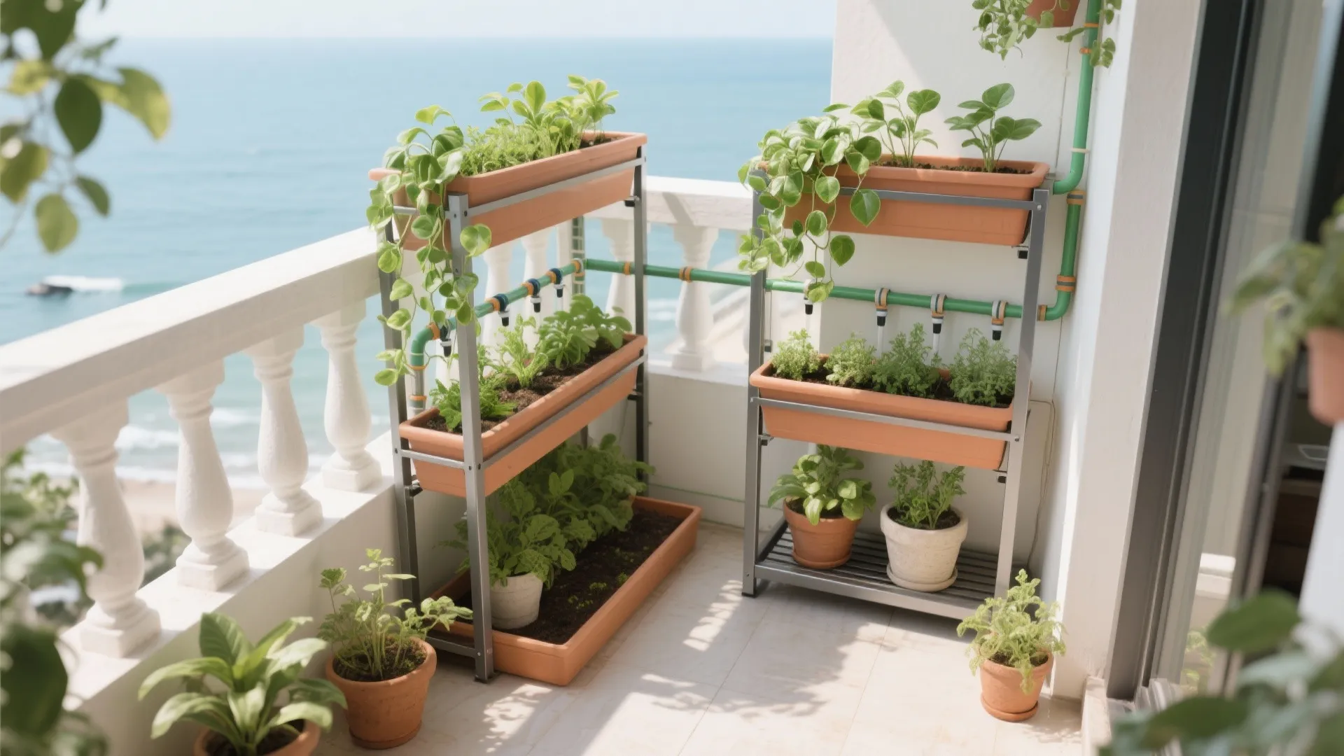 Top-down of modular vertical rack with herbs and drip lines on a small Chennai balcony.