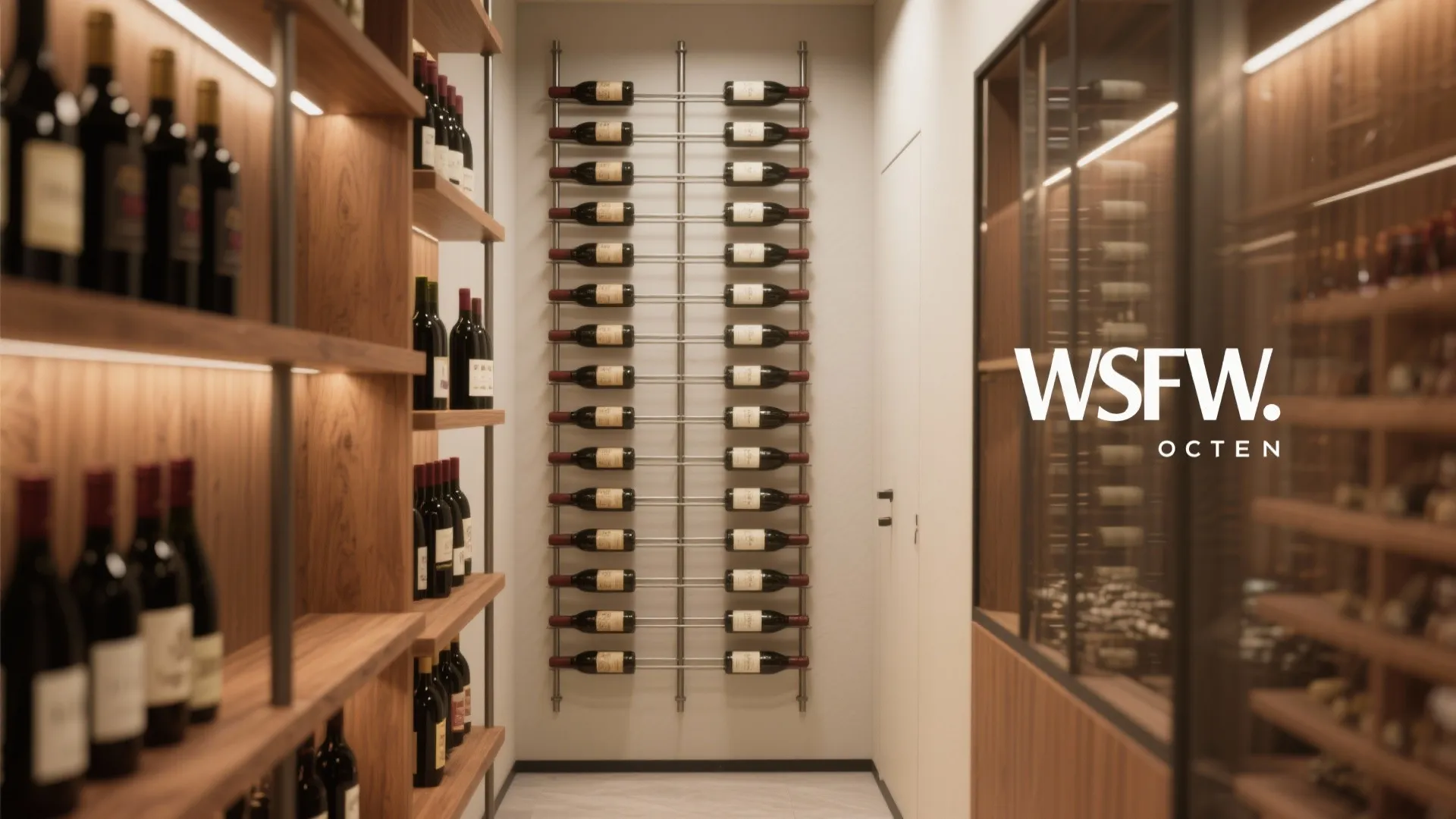 Small space with a single feature wall of vertical wine racking and warm wood shelves.