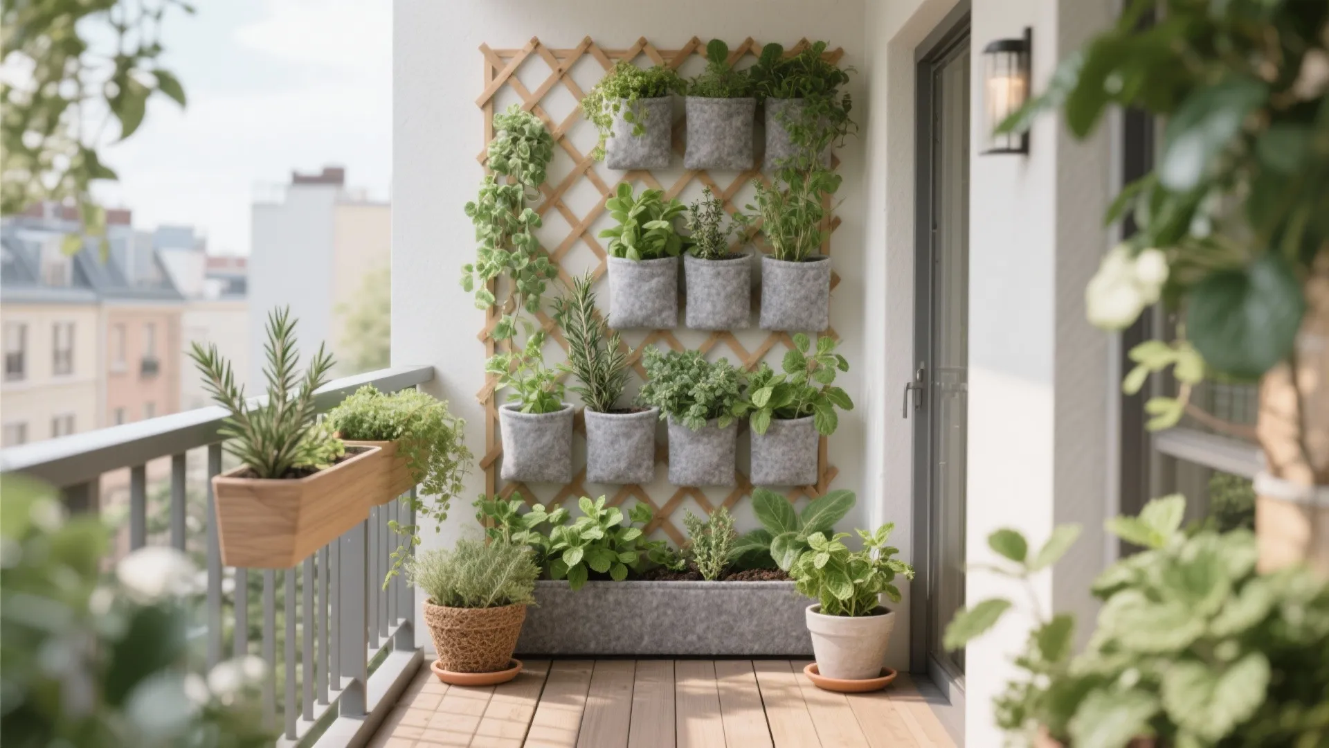 2) Vertical garden and rail planters for lushness without clutter