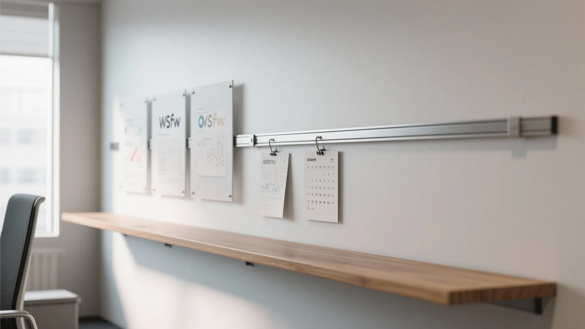 Silver metal rail on white wall with hanging papers above a long wooden wall shelf