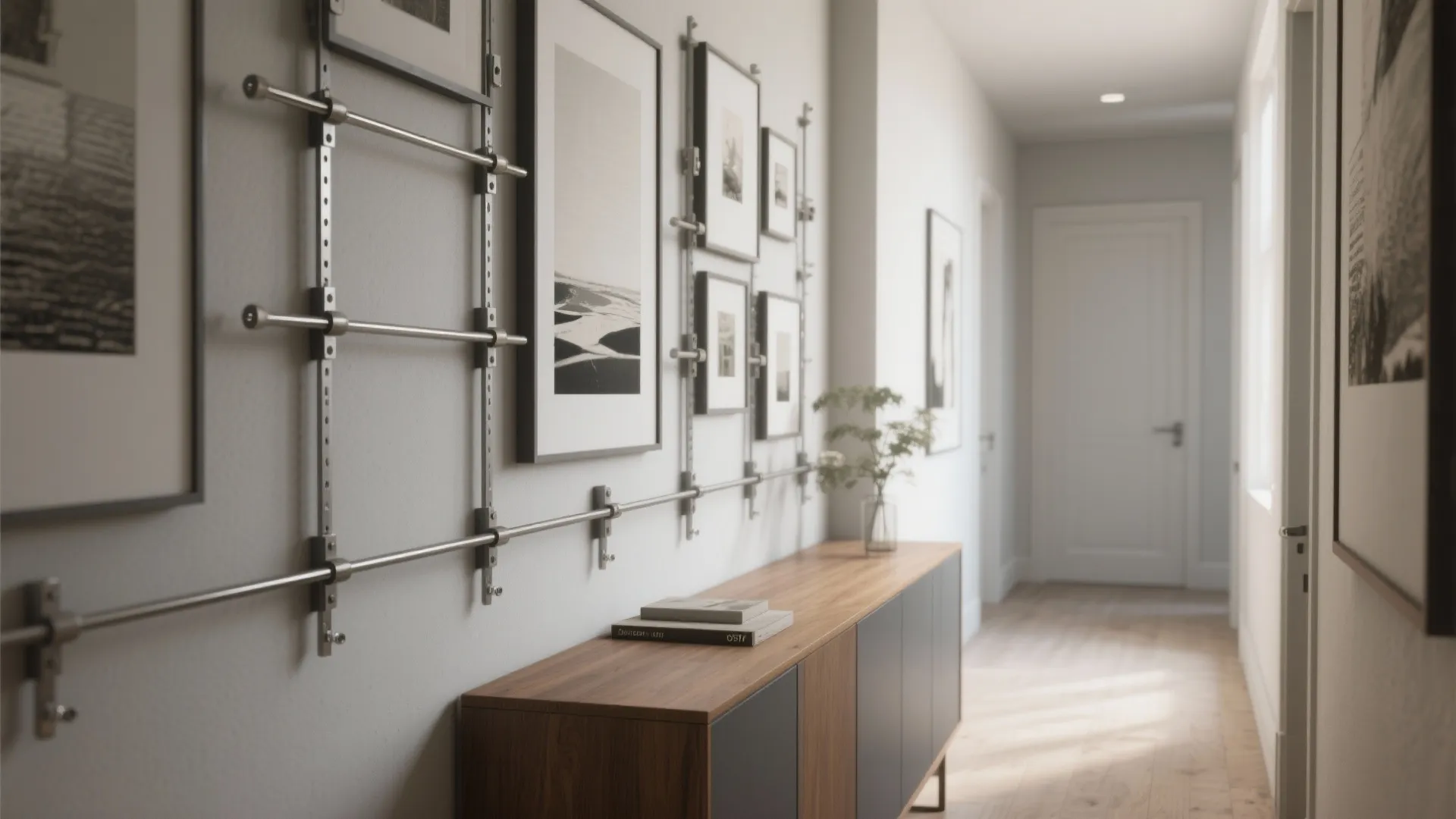 Long hallway with metal wall rails hanging several picture frames above a wooden storage cabinet