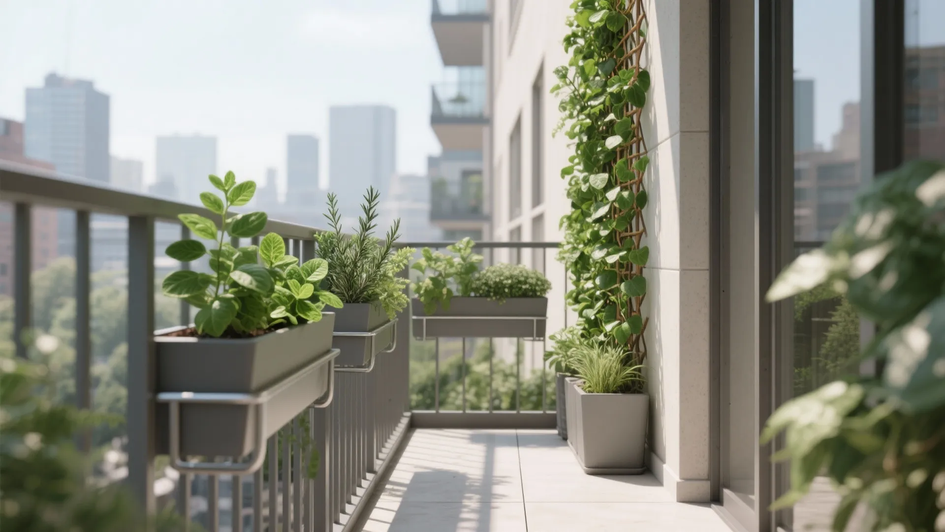 Modern balcony featuring grey planters on metal railings with green plants and city skyline view