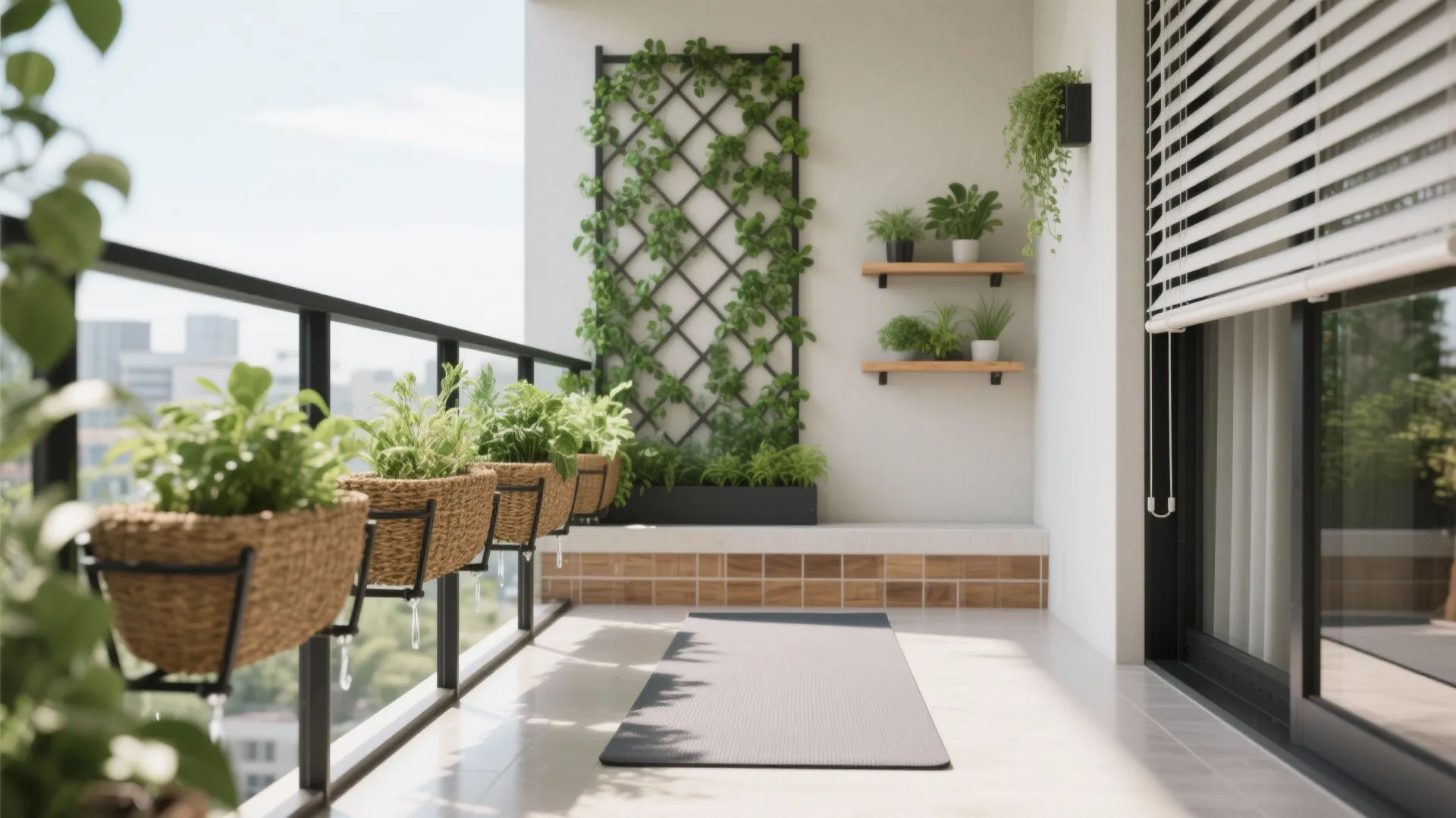 Vertical rail planters and a trellis keep the 6-foot balcony floor clear for movement.