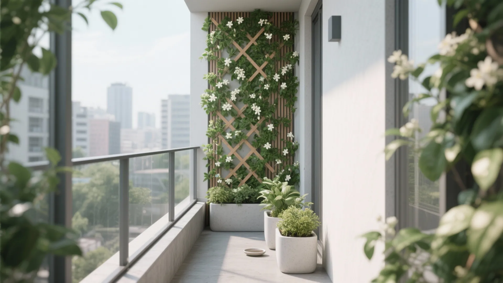Vertical trellis and slim railing planters maximize a narrow apartment balcony.