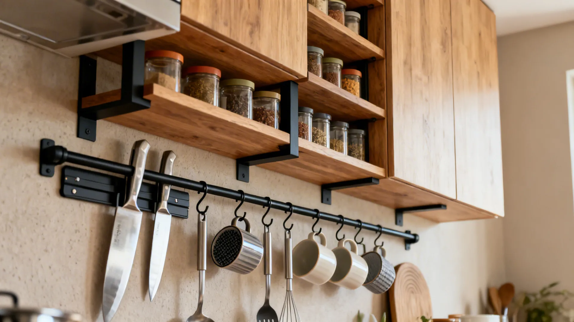 Wooden kitchen wall shelves with glass jars above a black hanging rail for knives and cups