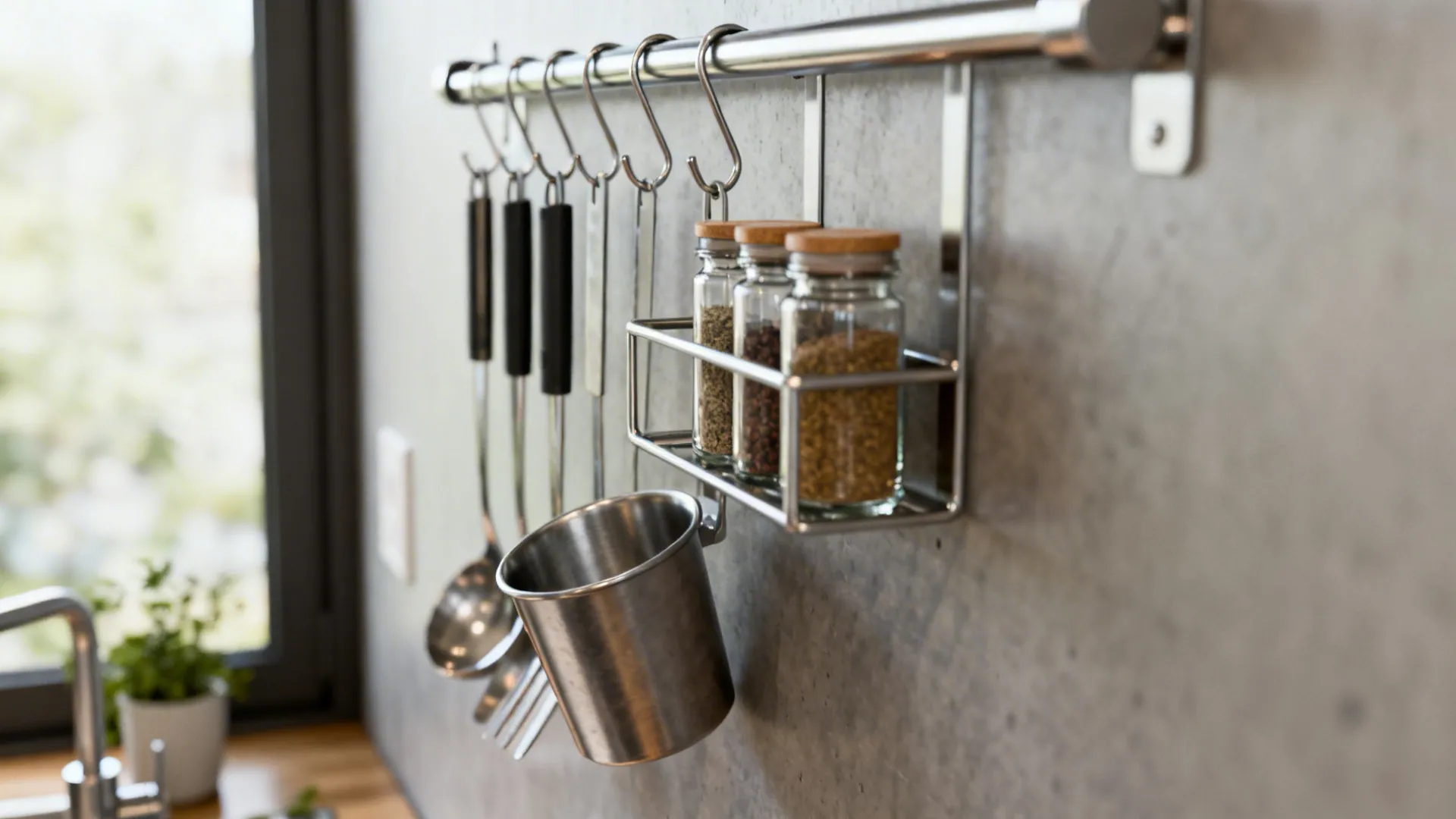 Stainless vertical rail with small hanging containers and hooks holding spices and utensils.