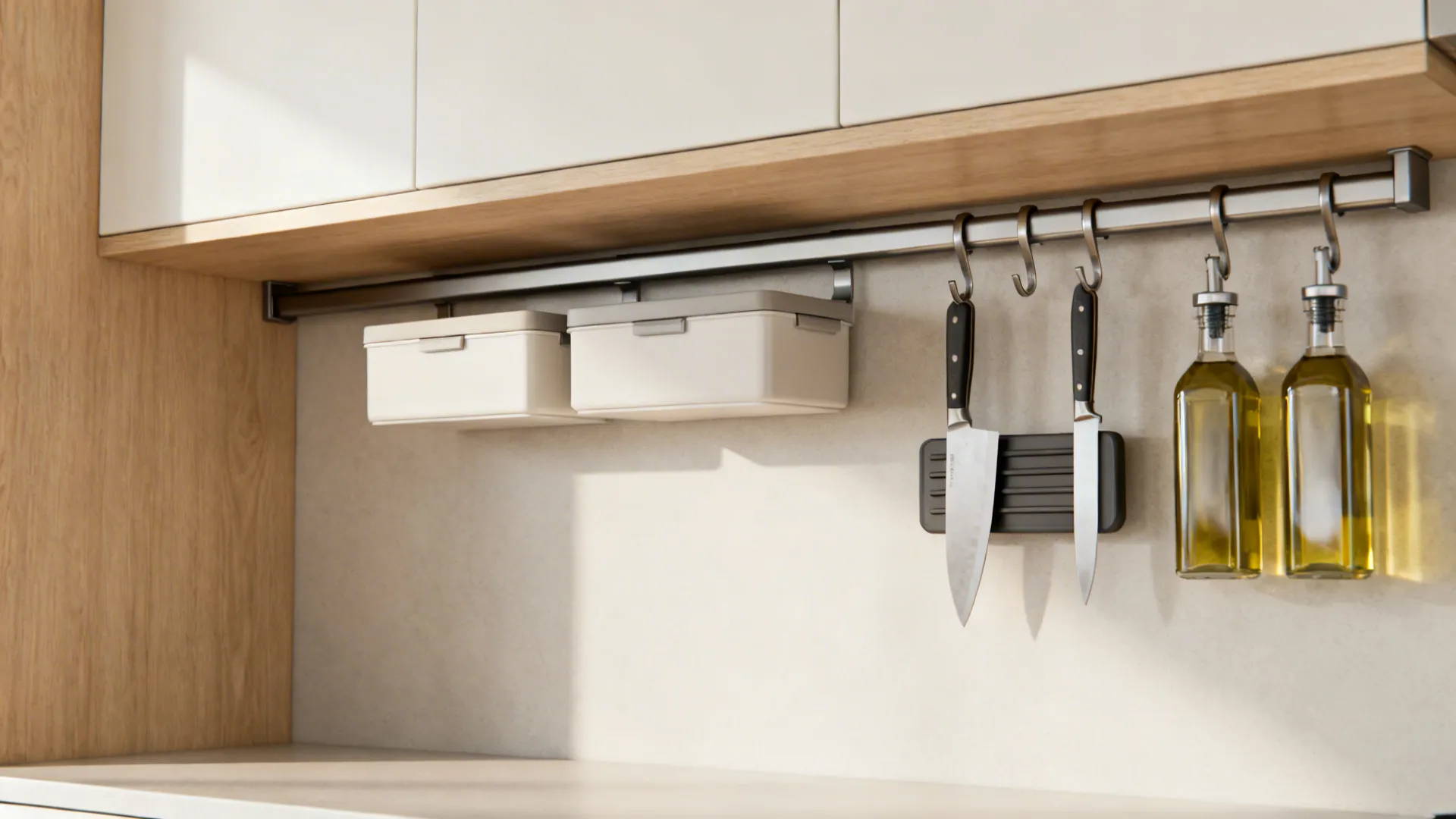 Close-up of a utility rail with lidded boxes and knives clearing the countertop in a small kitchen.