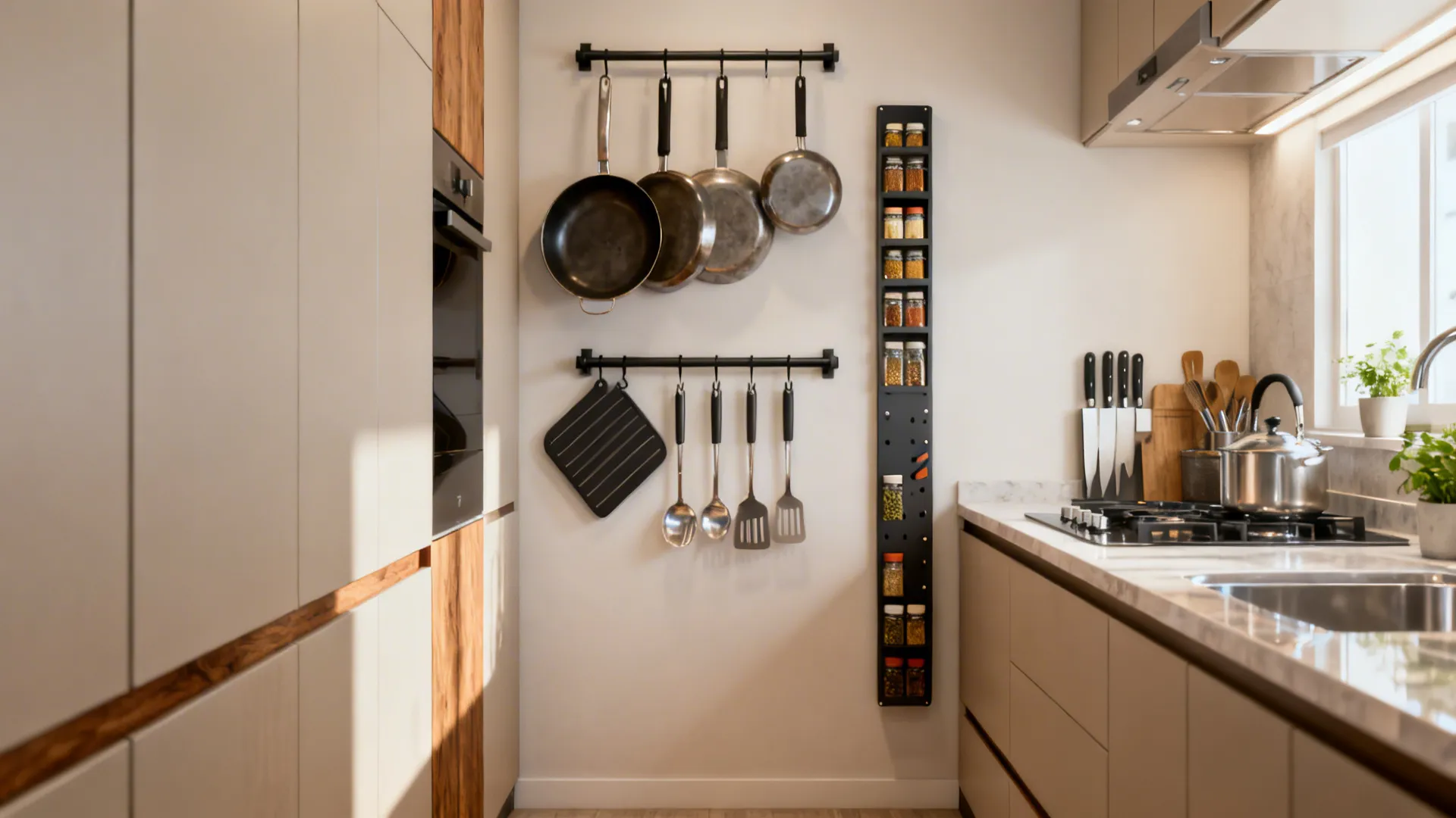 Vertical wall rail with hanging pans, magnetic knife strip and spice racks in a narrow kitchen.