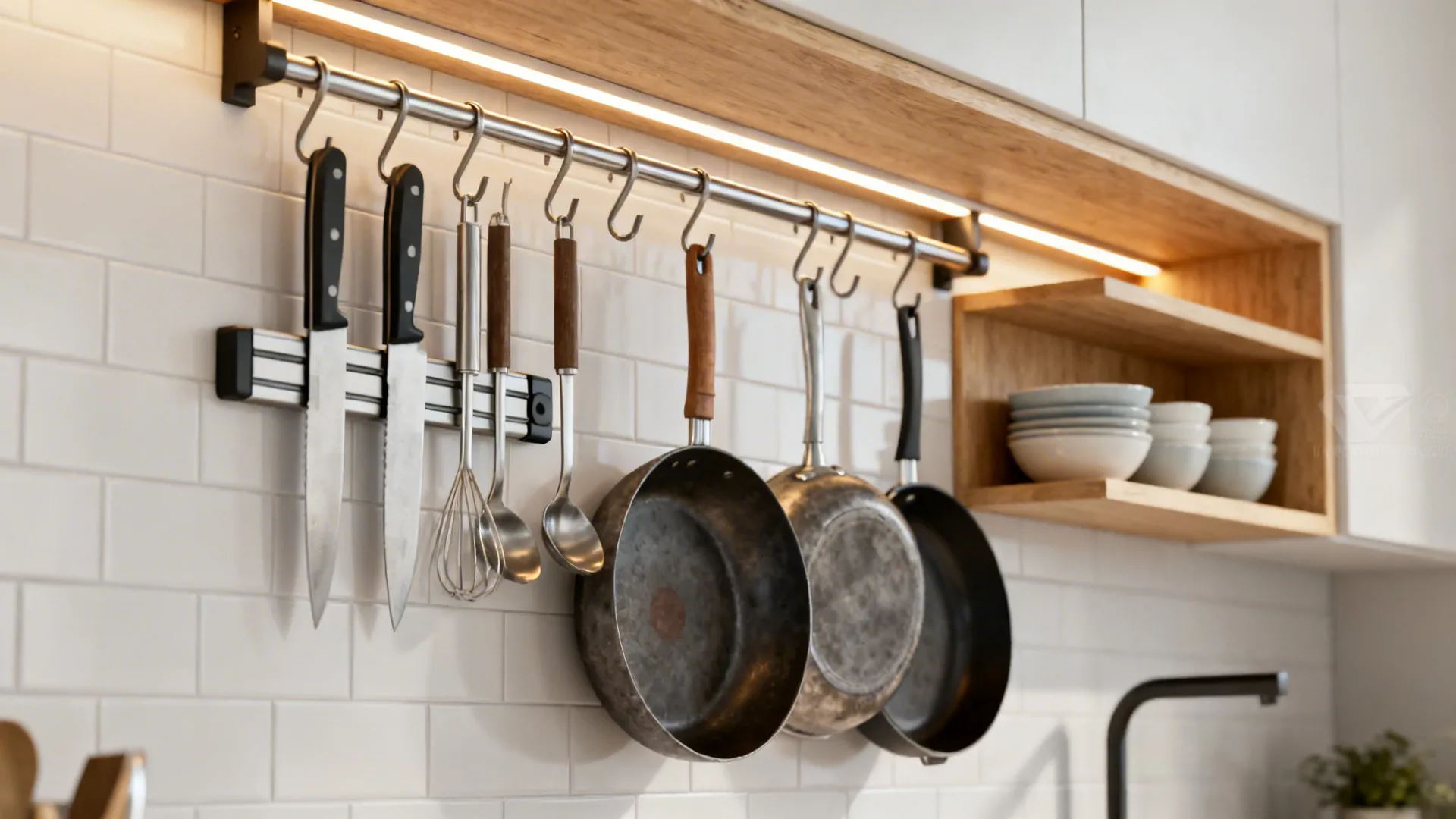 Close-up of kitchen open rail system with hanging pans, magnetic knife strip, and under-shelf LED lighting.