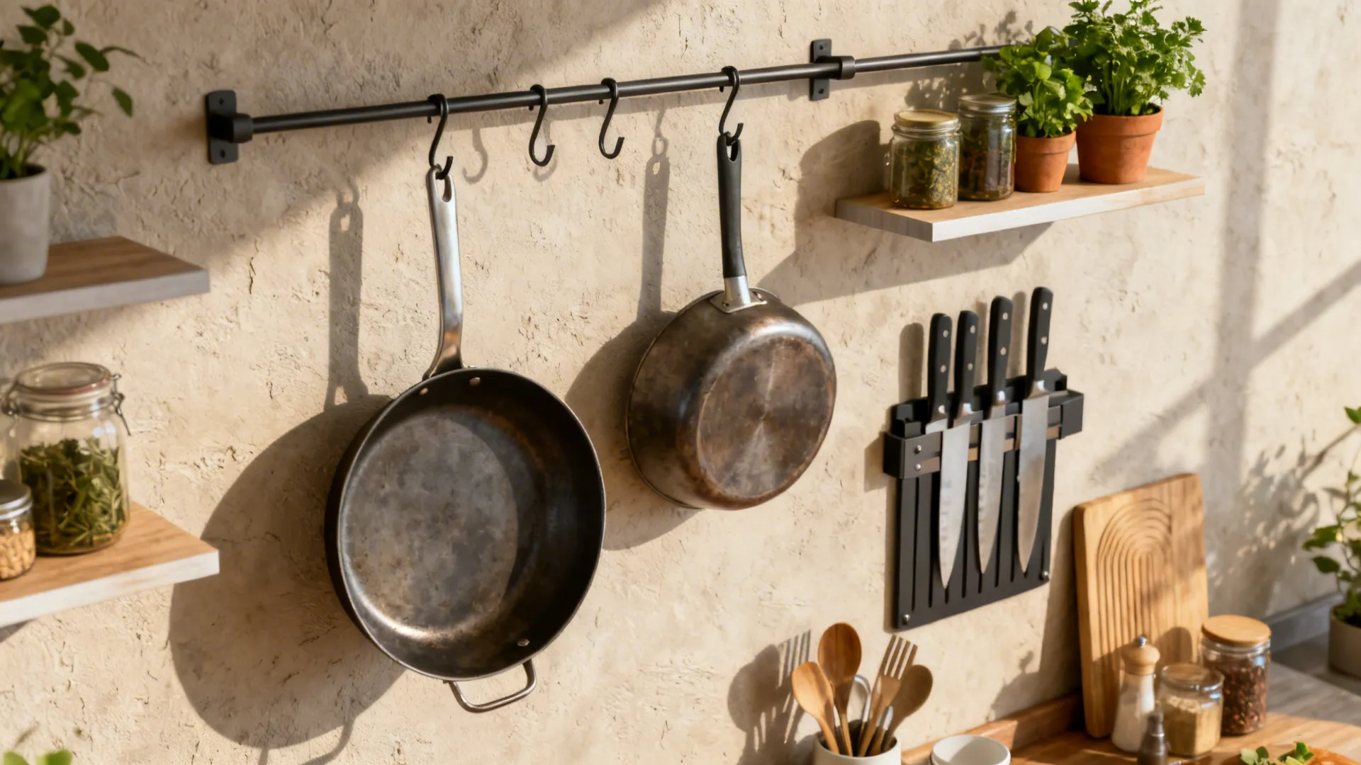 Vertical rail system with hooks, floating shelves and jars storing everyday kitchen tools and plants.