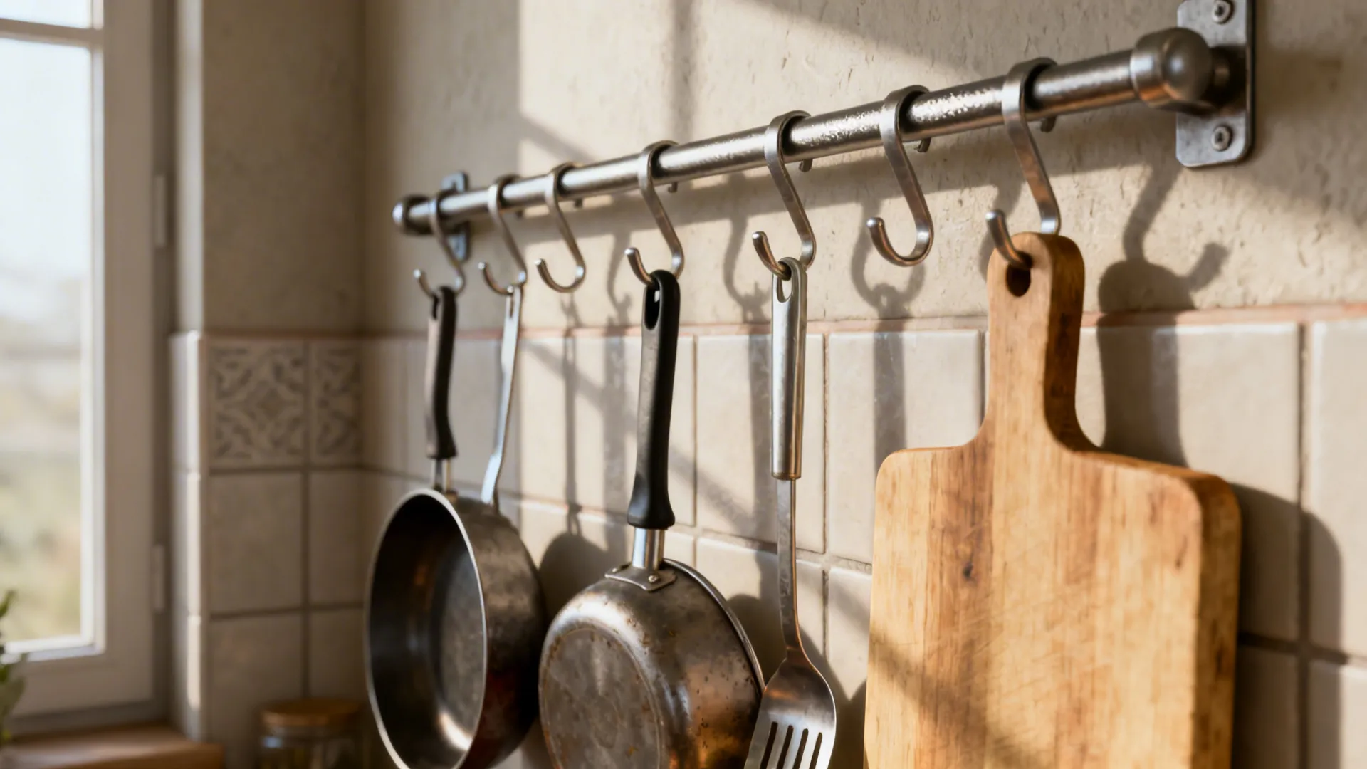 Metal wall rail with hooks holding pans and wooden cutting board in a sunny bright room