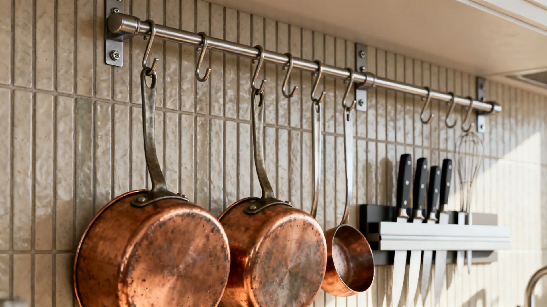 Close-up of a kitchen rail system with hanging pots, pans and utensils on a tiled wall.