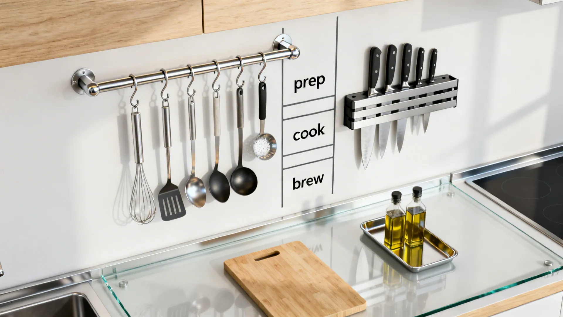 Top-down view of wall rails and a magnetic knife strip creating clear kitchen zones.
