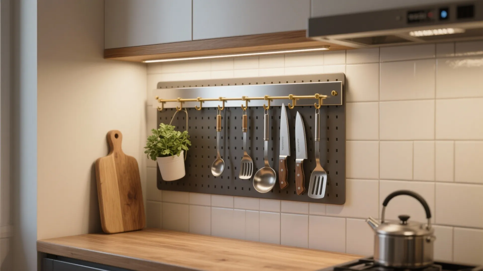 Kitchen wall rack with hooks hanging cooking tools knives and small plant above wood counter