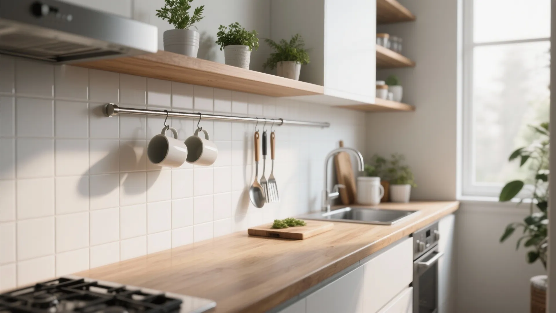 Kitchen wall with white tiles and metal rail hanging coffee mugs and wooden cooking spoons