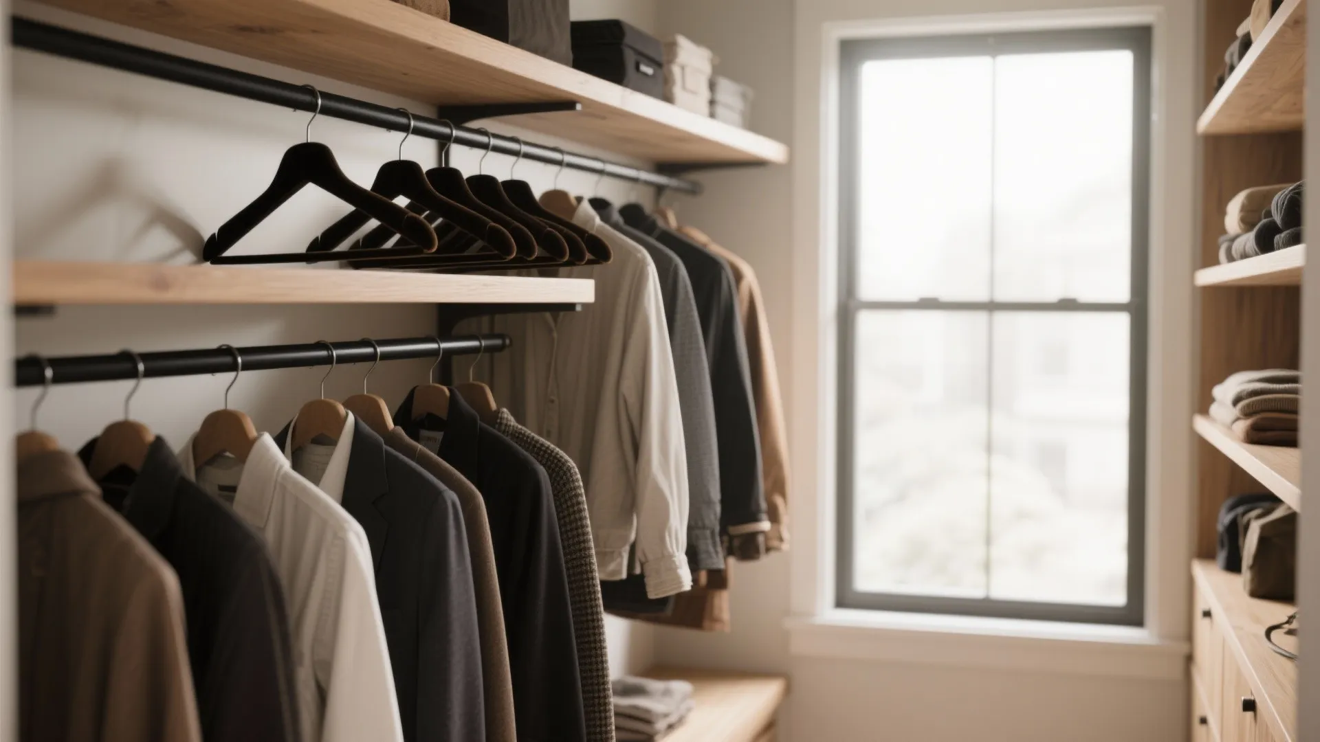 Walk in closet with wooden shelves and black metal rails holding various shirts and jackets