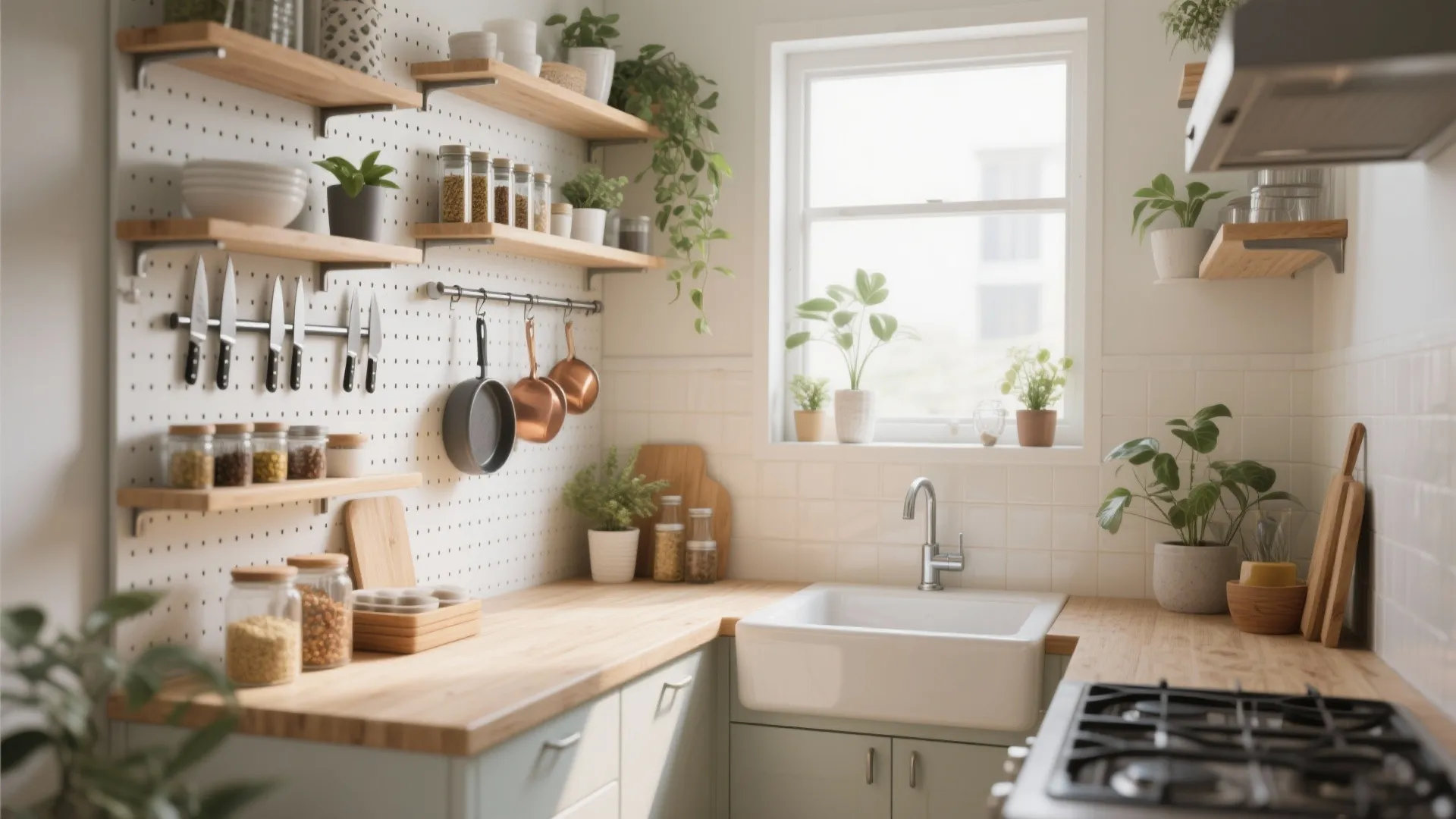 Small kitchen area with white sink wooden open shelves wall mounted pans and potted green plants