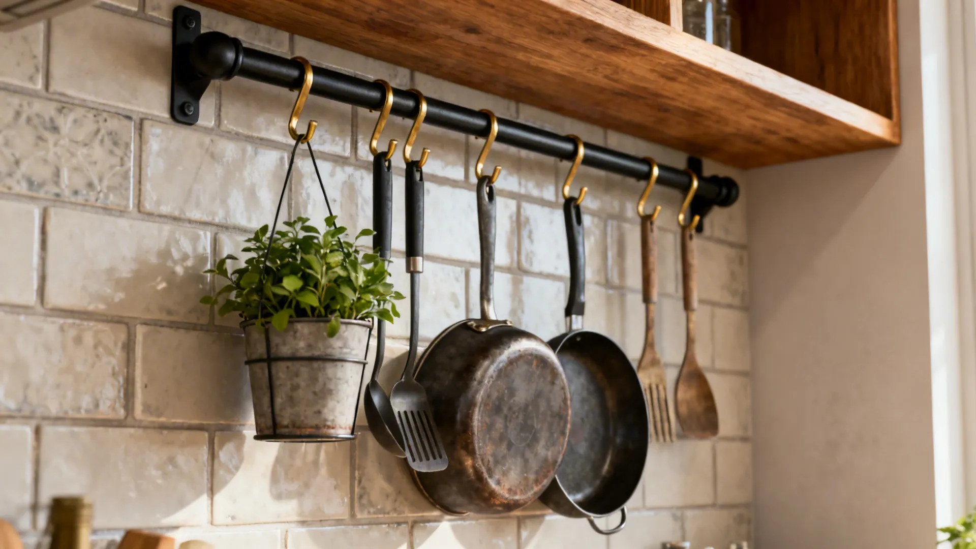 Wall rail with hooks holding pots and utensils over a tiled backsplash