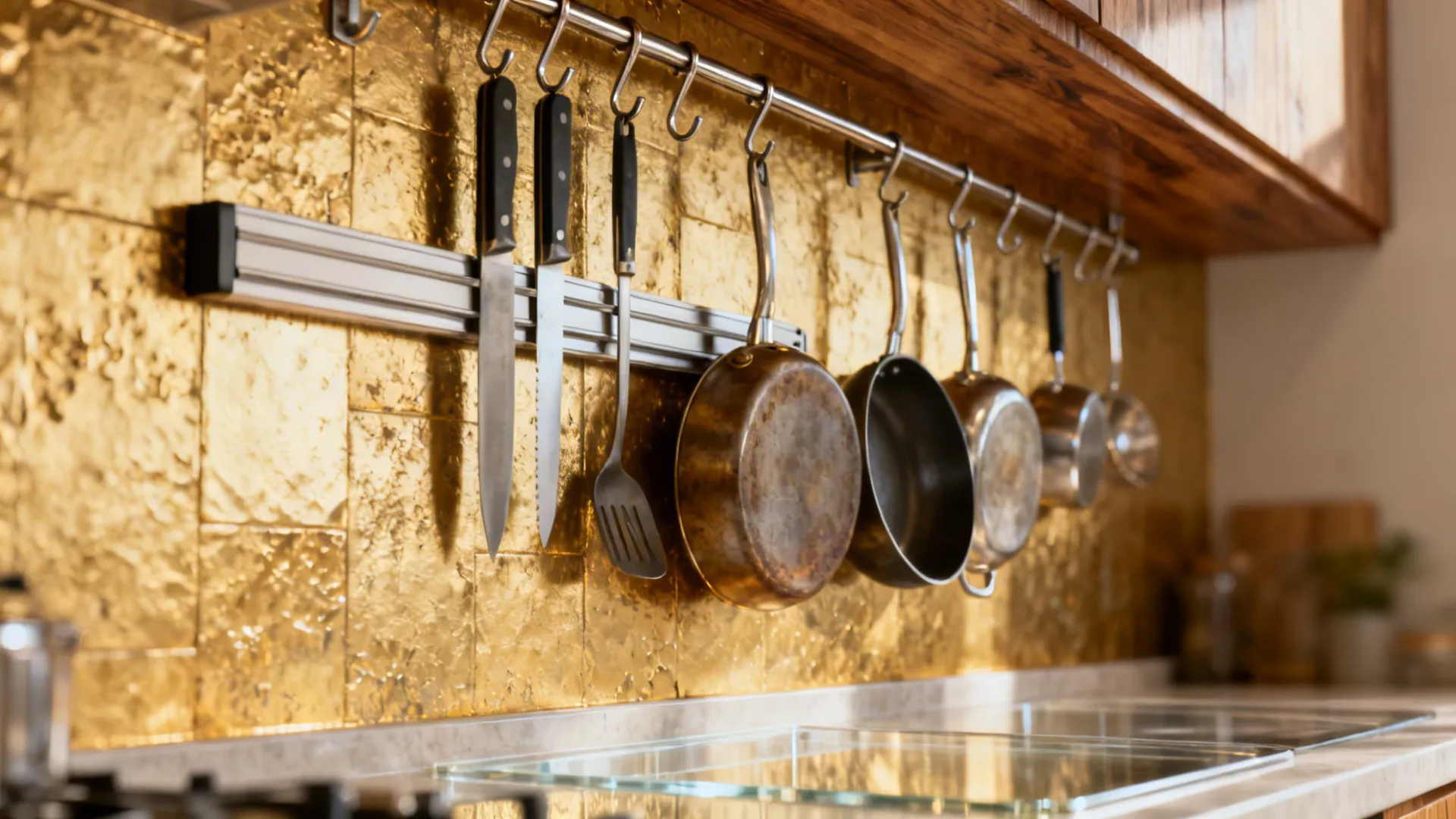 Wall-mounted rail with hanging pans and utensils to clear counters and create vertical task zones.