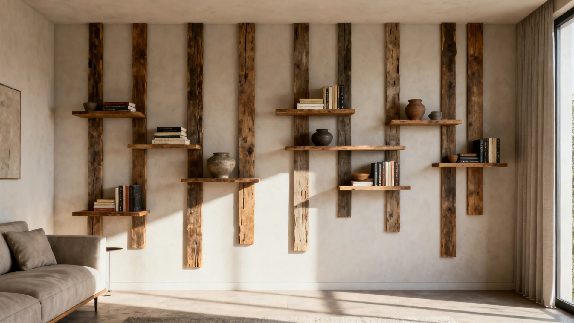 Vertical reclaimed wood shelving in a compact living room, showing books and pottery