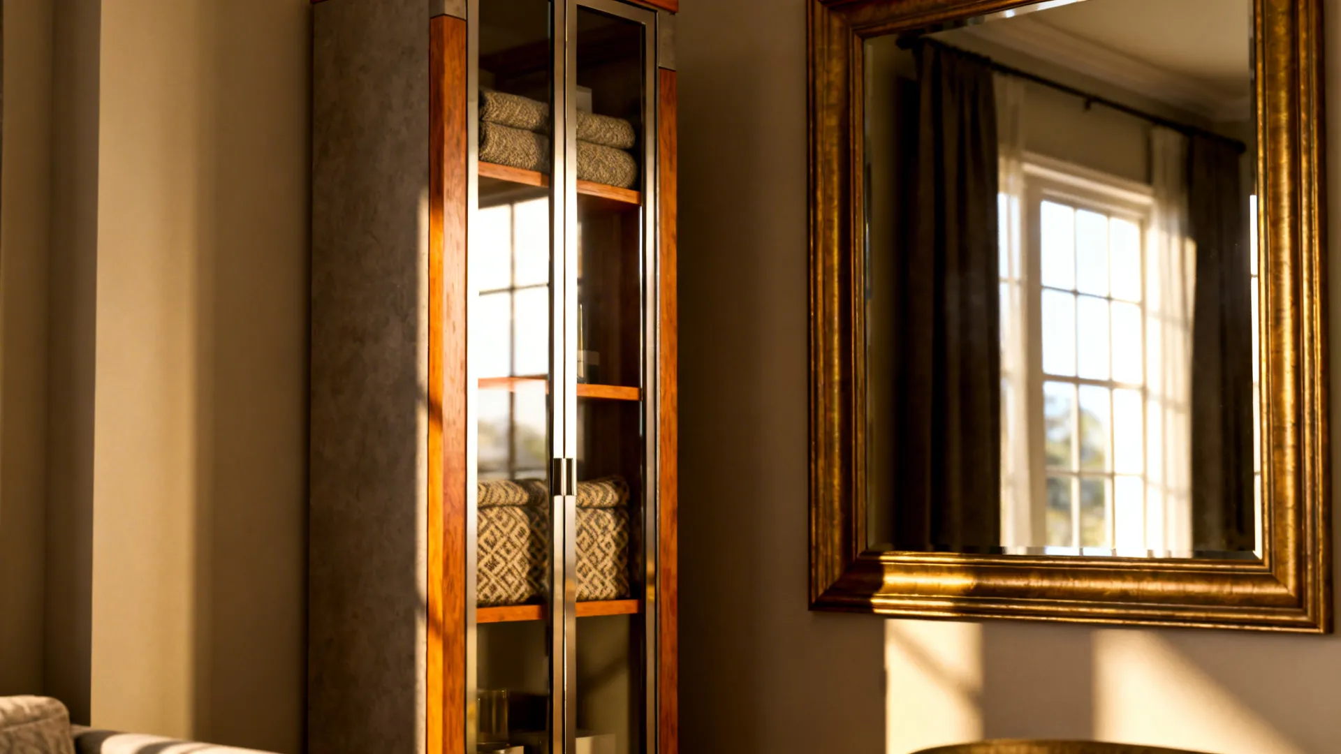 Detail of tall slim storage and a mirror reflecting light in a narrow living room
