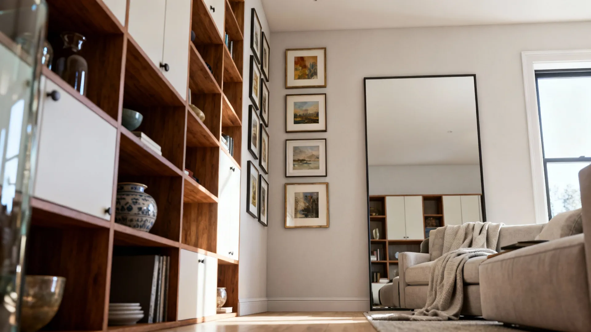 Large floor mirror reflecting a living room next to a wooden cabinet and framed art
