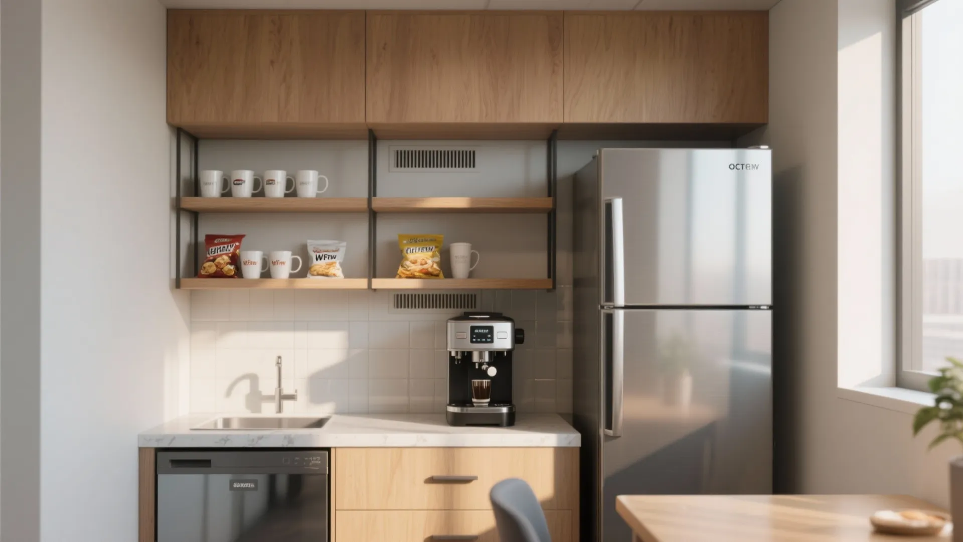 Vertical refreshment wall with stacked compact appliances, open shelving, and a slim fridge in a small break room.