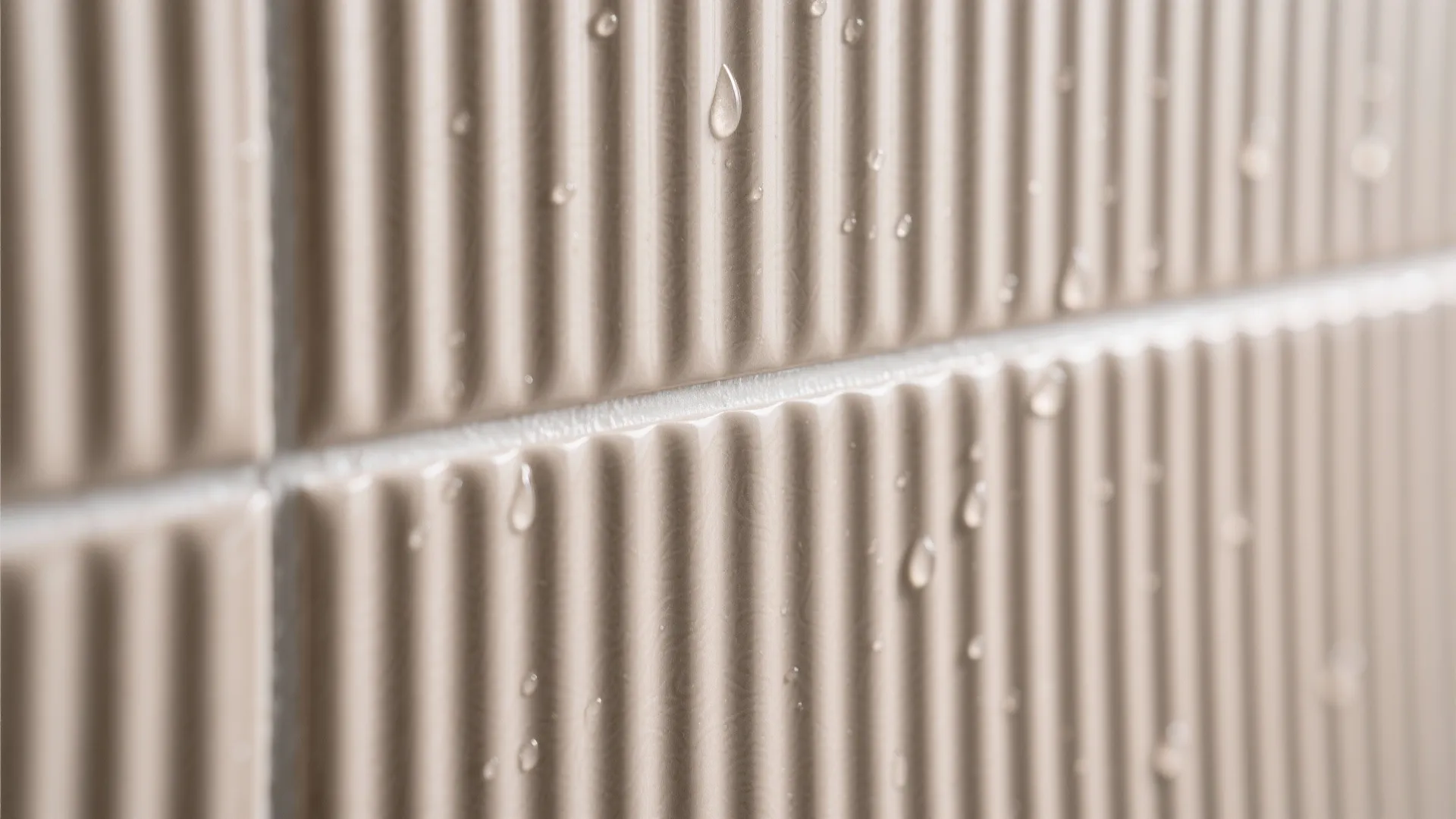 Close up view of light brown ribbed wall tiles with water drops in a modern bathroom