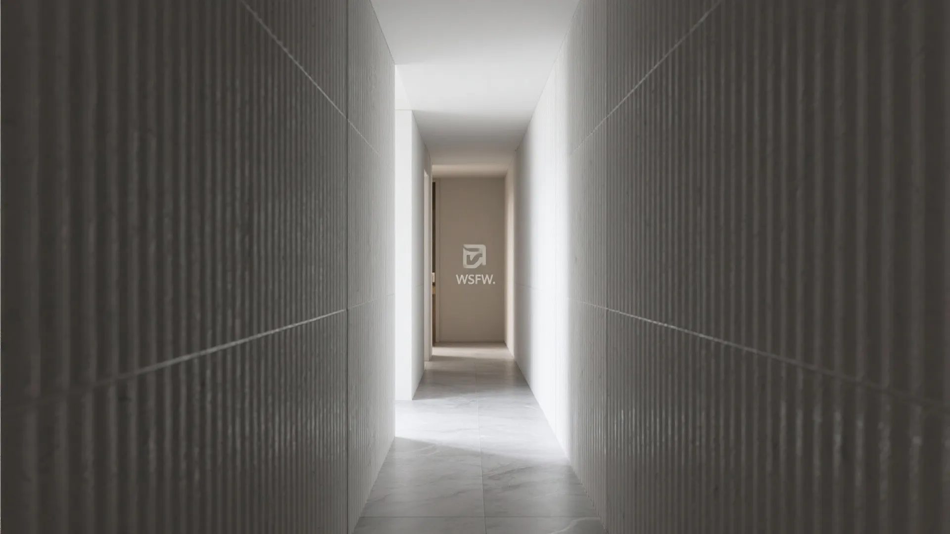 Hallway with vertically ribbed porcelain tiles that elongate the space toward the next room.
