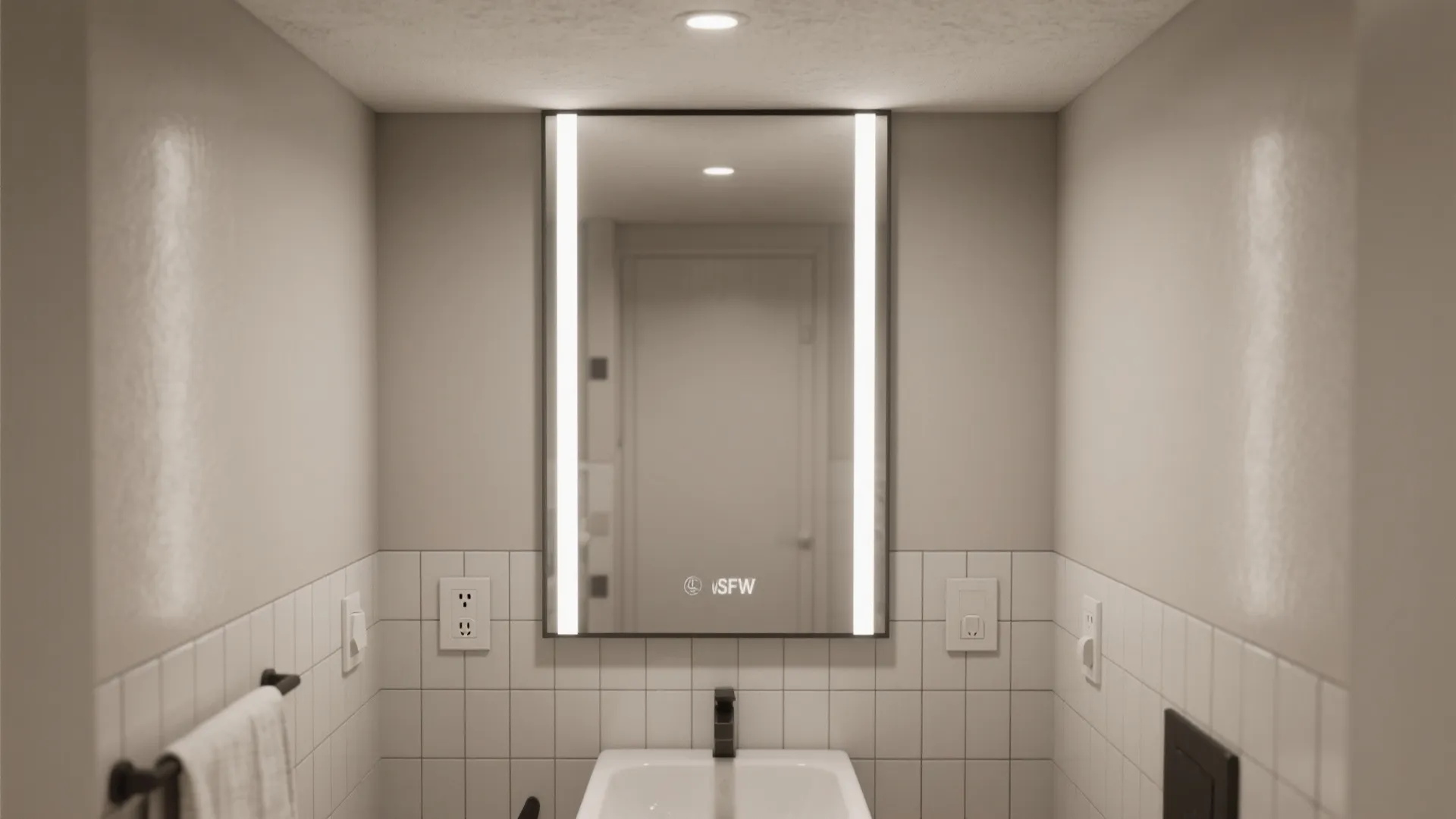 Small modern bathroom with illuminated mirror, white wall tiles, dark towel rack, and white sink