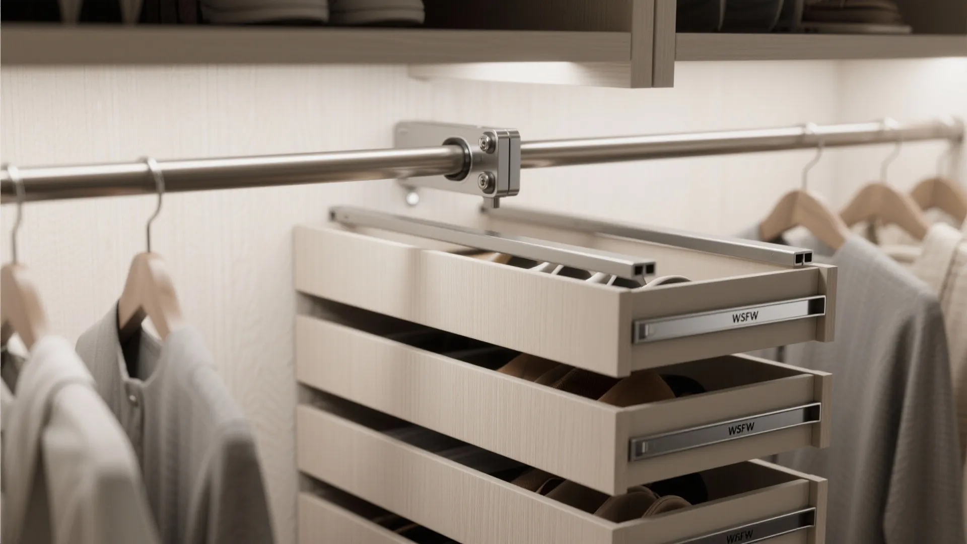 Modern walk in closet featuring wood drawers metal clothes hanging rods and organized storage space