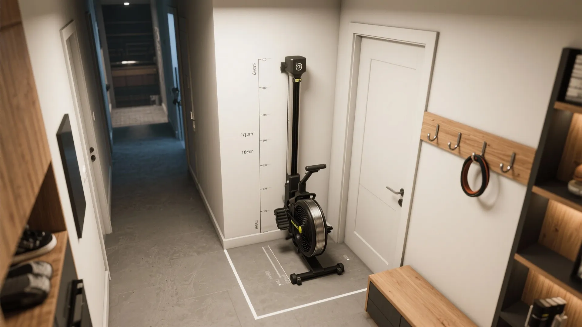 Vertical rowing machine stored in a small home corner with white walls and grey floor