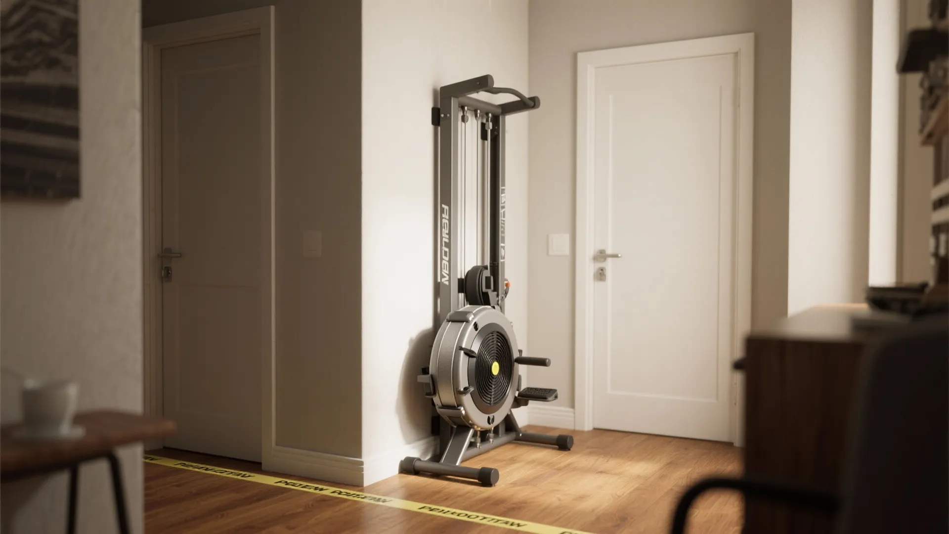 Vertical rowing machine standing against a white wall between two doors in a modern home